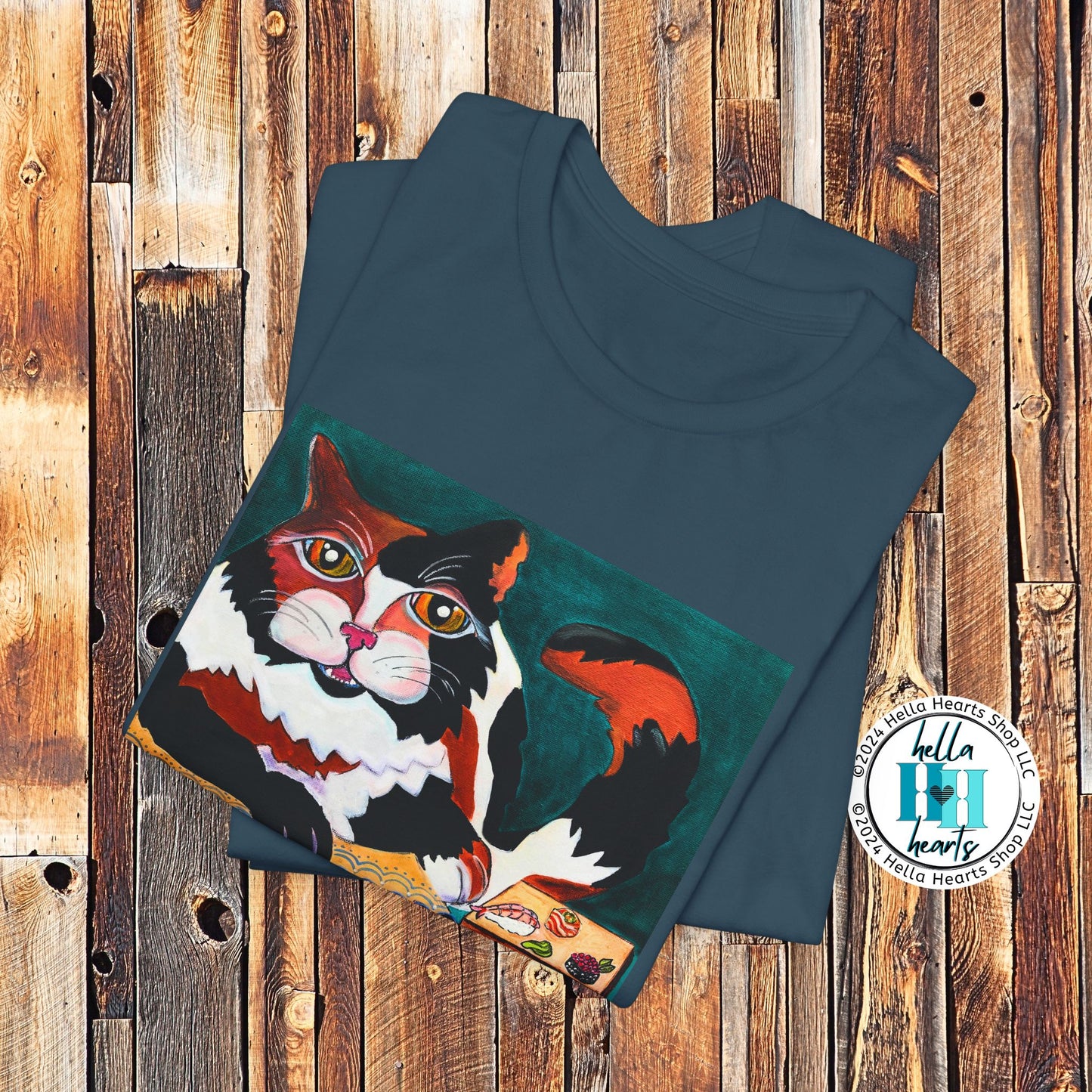 Calico Cat Sushi TShirt - Original Painted Art, Sushi Cat, from Mama Mosaic Artworks