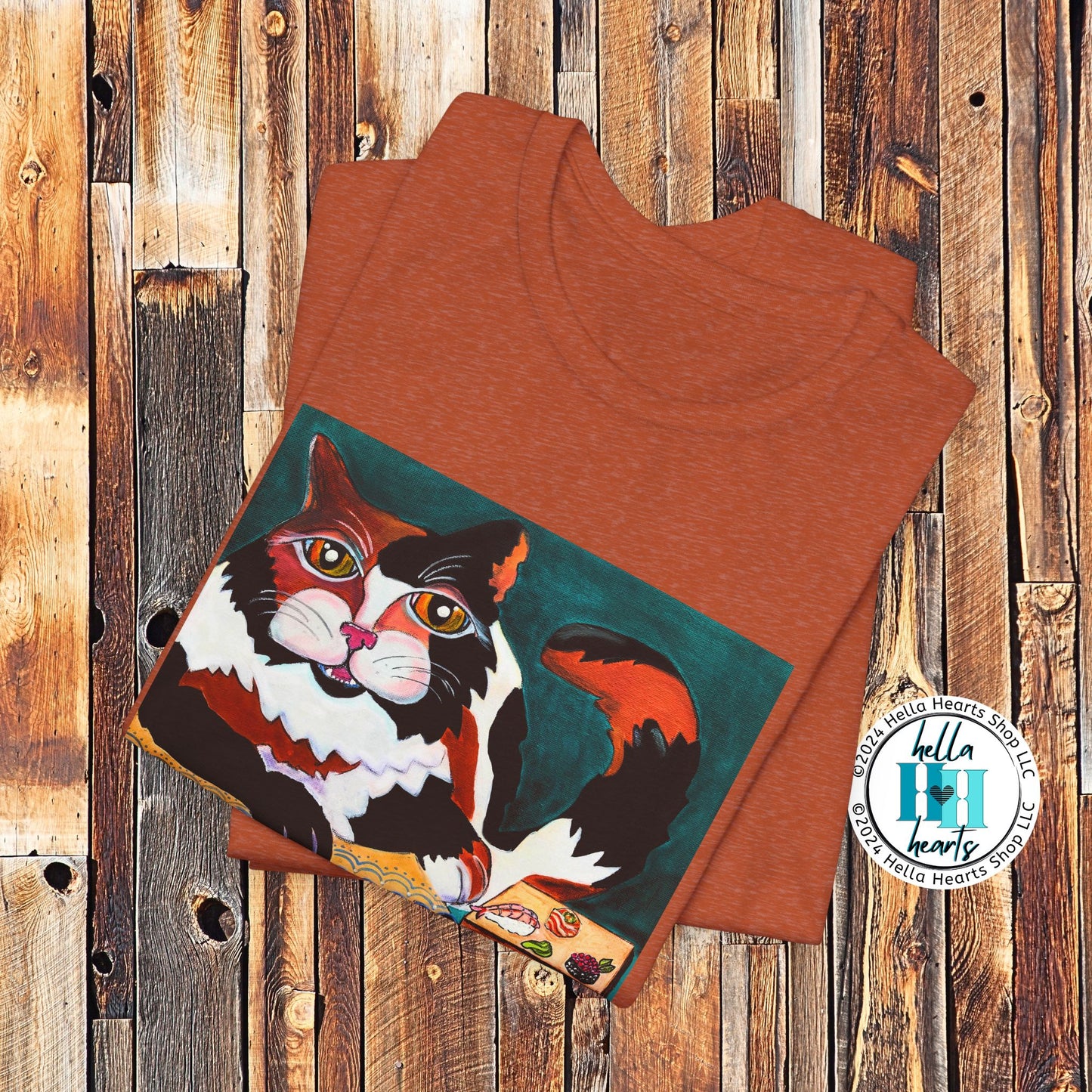 Calico Cat Sushi TShirt - Original Painted Art, Sushi Cat, from Mama Mosaic Artworks