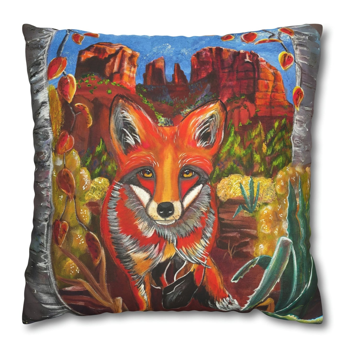 Sedona Fox Throw Pillow Cover - Faux Suede - 3 Sizes - Fox at Cathedral Rock from Mama Mosaic Artworks