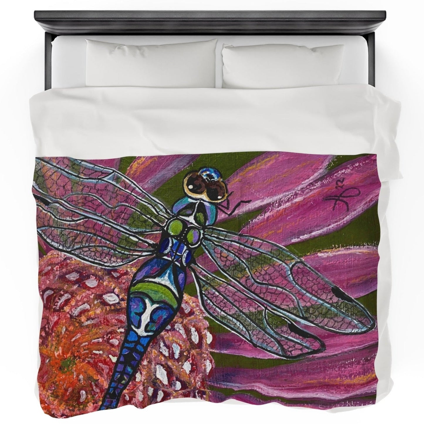 60x80 Blanket - Dragonfly Velveteen Plush Throw - Garden Jewel from Mama Mosaic Artworks. Velveteen blanket with a reproduction of the painting Garden Jewel by Mama Mosaic Artworks. Up close view of a dragonfly or damselfly in blue and green on a purple and orange flower. Cottagecore Naturecore Farmhouse Country aesthetic.