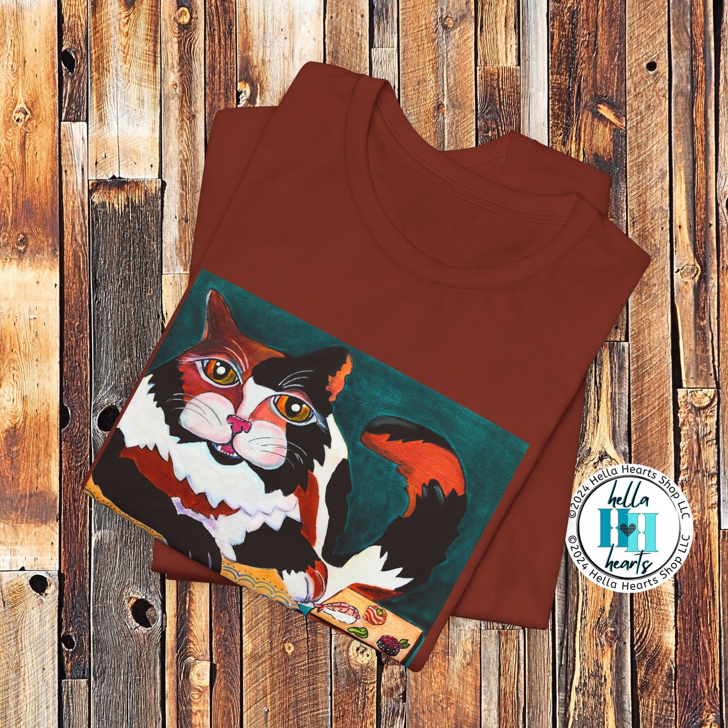 Calico Cat Sushi TShirt - Original Painted Art, Sushi Cat, from Mama Mosaic Artworks