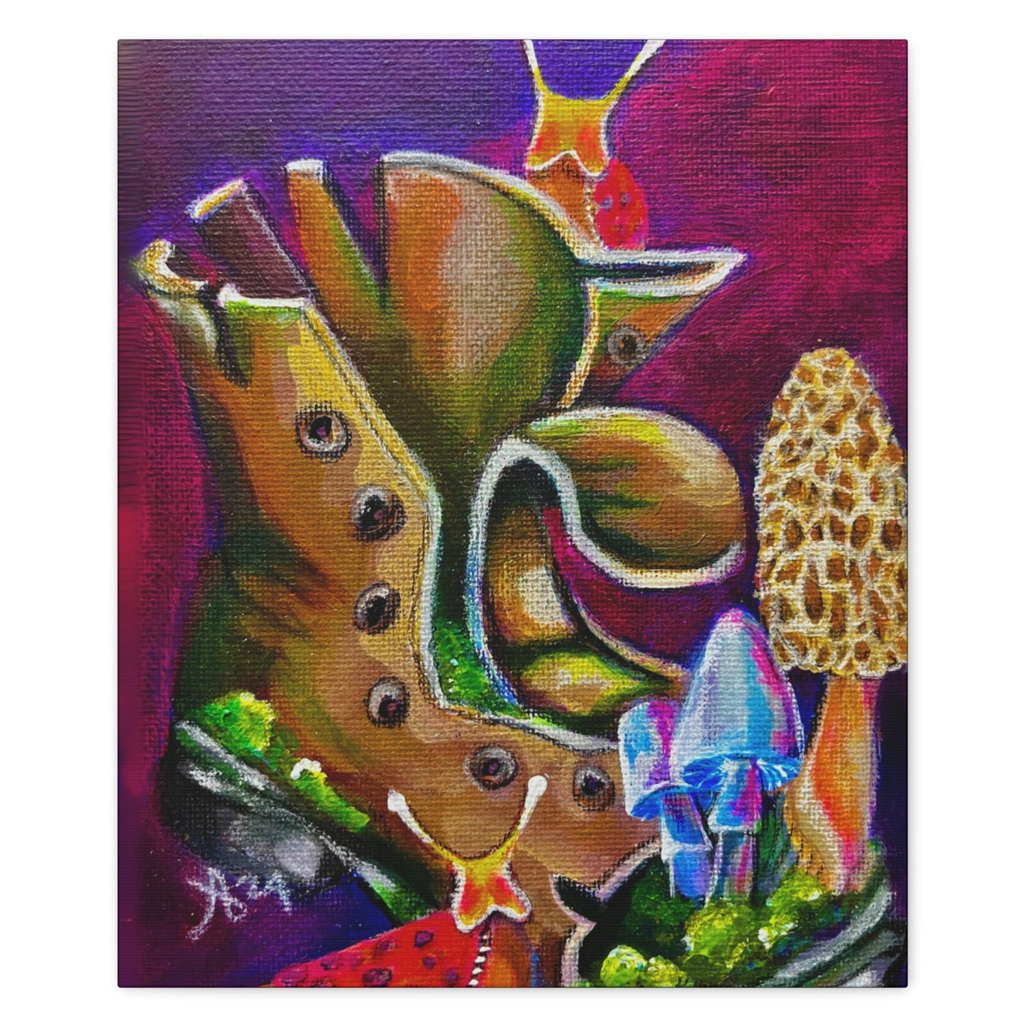 Psilly Pslugs Gallery Canvas - From Mama Mosaic Artworks - Comes Ready to Hang - Psychedelic Slugs - Naturecore - PNW Pacific Northwest Art. Printed in high detail using vibrant colors. It has a closed back that comes with hanging hardware. Sides are printed in a solid color. It is reproduced from the original canvas painting, Psilly Pslugs, by Mama Mosaic Artworks. For those who love naturecore home decor, slugs, the Cascade Mountain Range, psychedelics, or the pacific northwest.