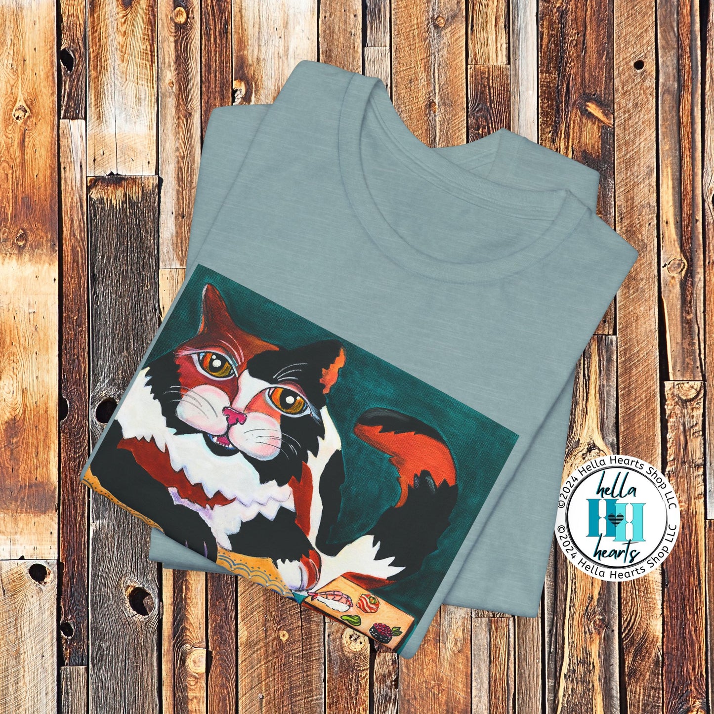Calico Cat Sushi TShirt - Original Painted Art, Sushi Cat, from Mama Mosaic Artworks
