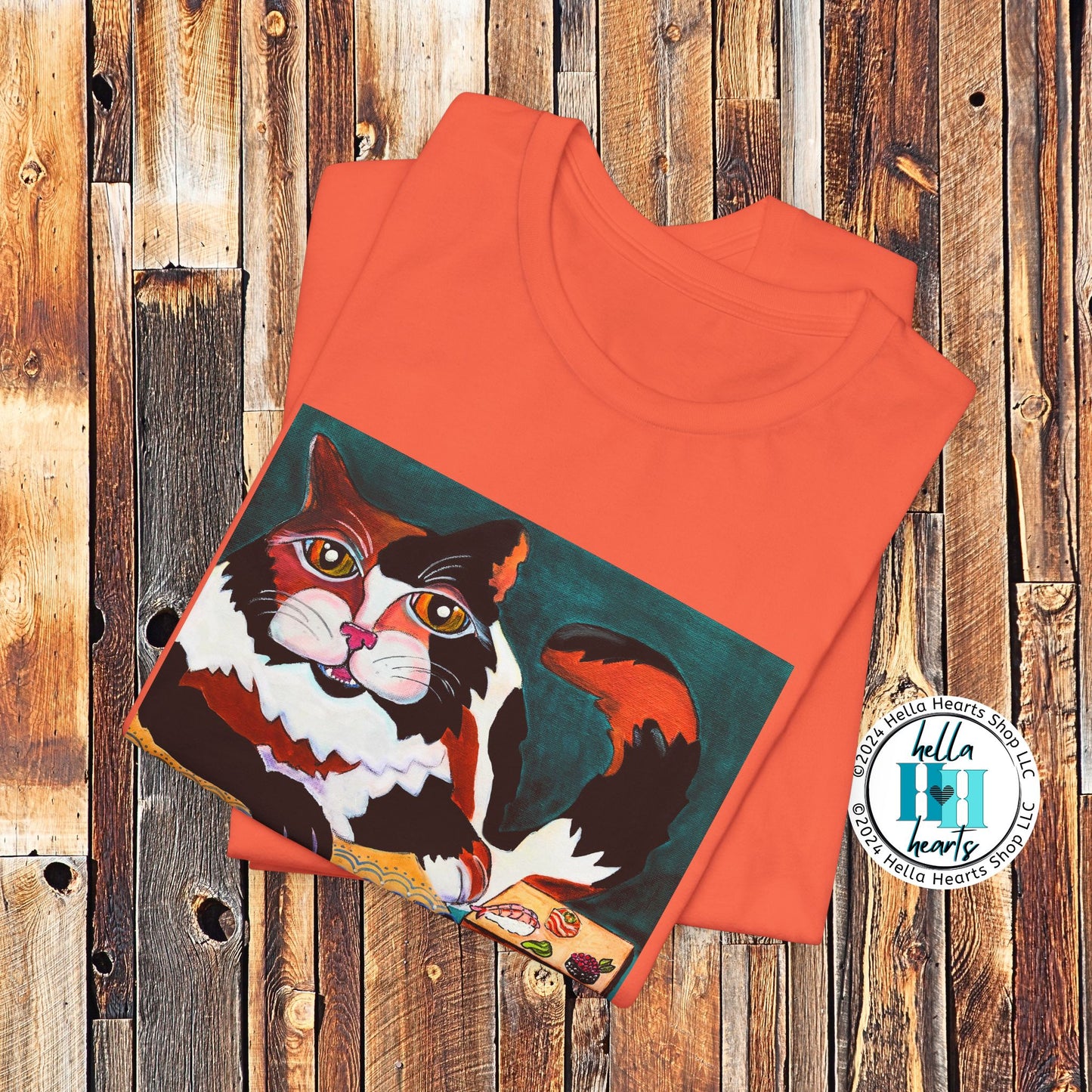 Calico Cat Sushi TShirt - Original Painted Art, Sushi Cat, from Mama Mosaic Artworks