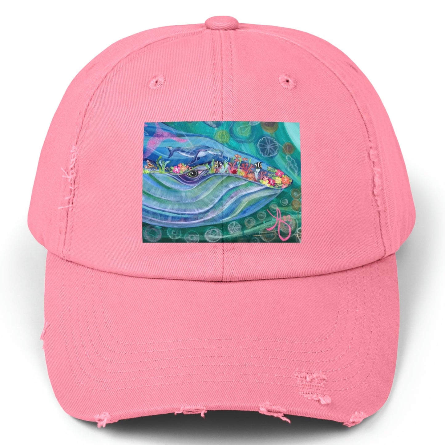 Blue Whale Distressed Hat - Adjustable - Mama and Baby Blue from Mama Mosaic Artworks