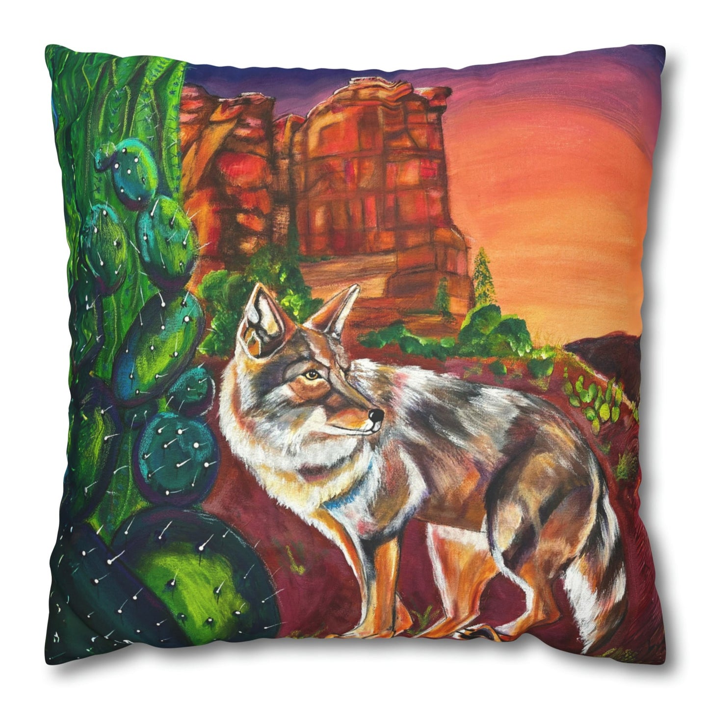 Sedona Coyote Throw Pillow Cover - Faux Suede - 3 Sizes - Coyote at Coffee Pot Rock from Mama Mosaic Artworks