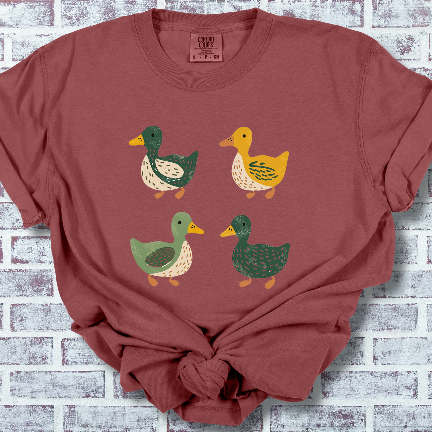 Brick colored t-shirt featuring a cute illustration of four cartoon ducks in earthy tones of green, yellow, and beige. Each duck has a unique color and pattern, arranged in a simple, playful style, adding a charming touch to the design.