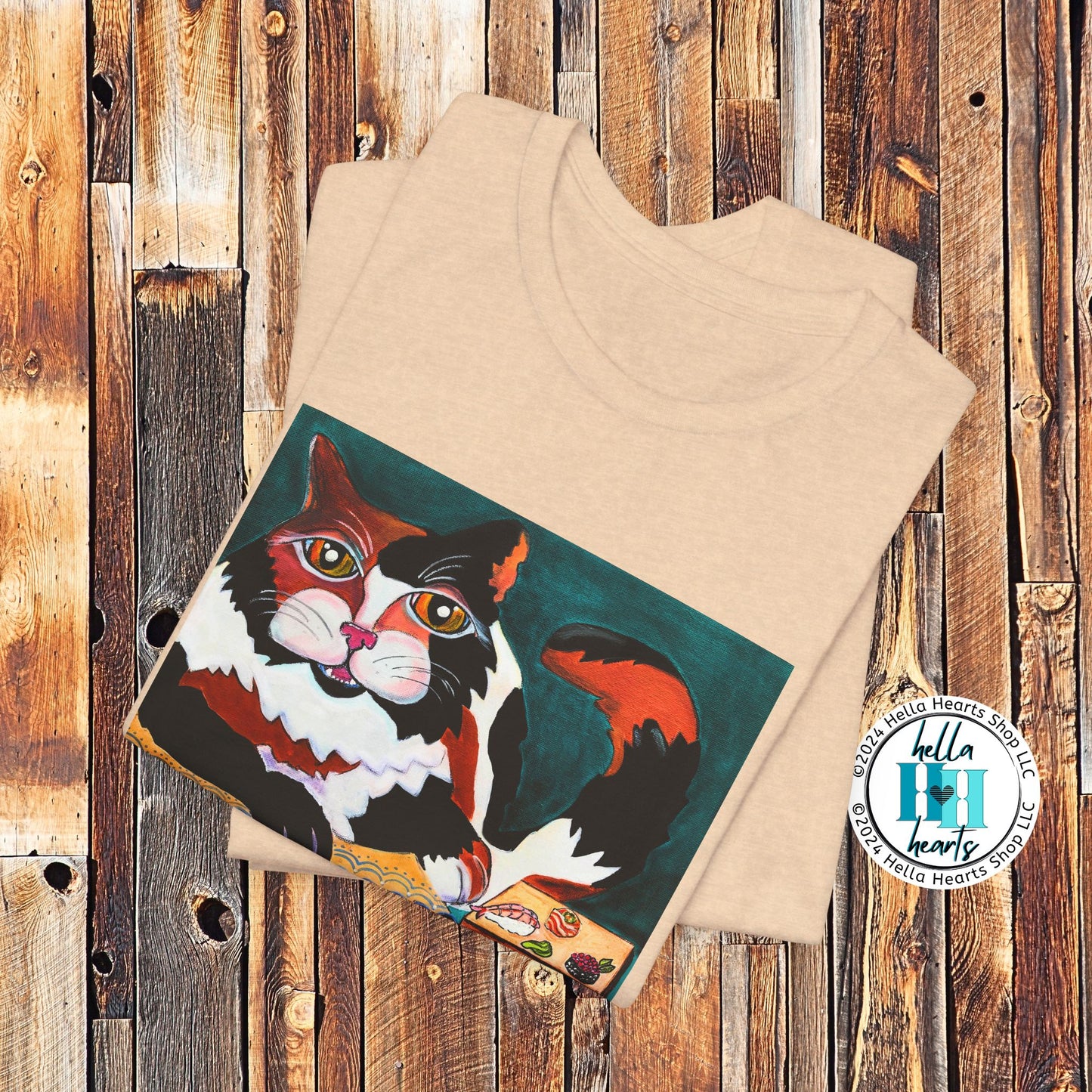Calico Cat Sushi TShirt - Original Painted Art, Sushi Cat, from Mama Mosaic Artworks