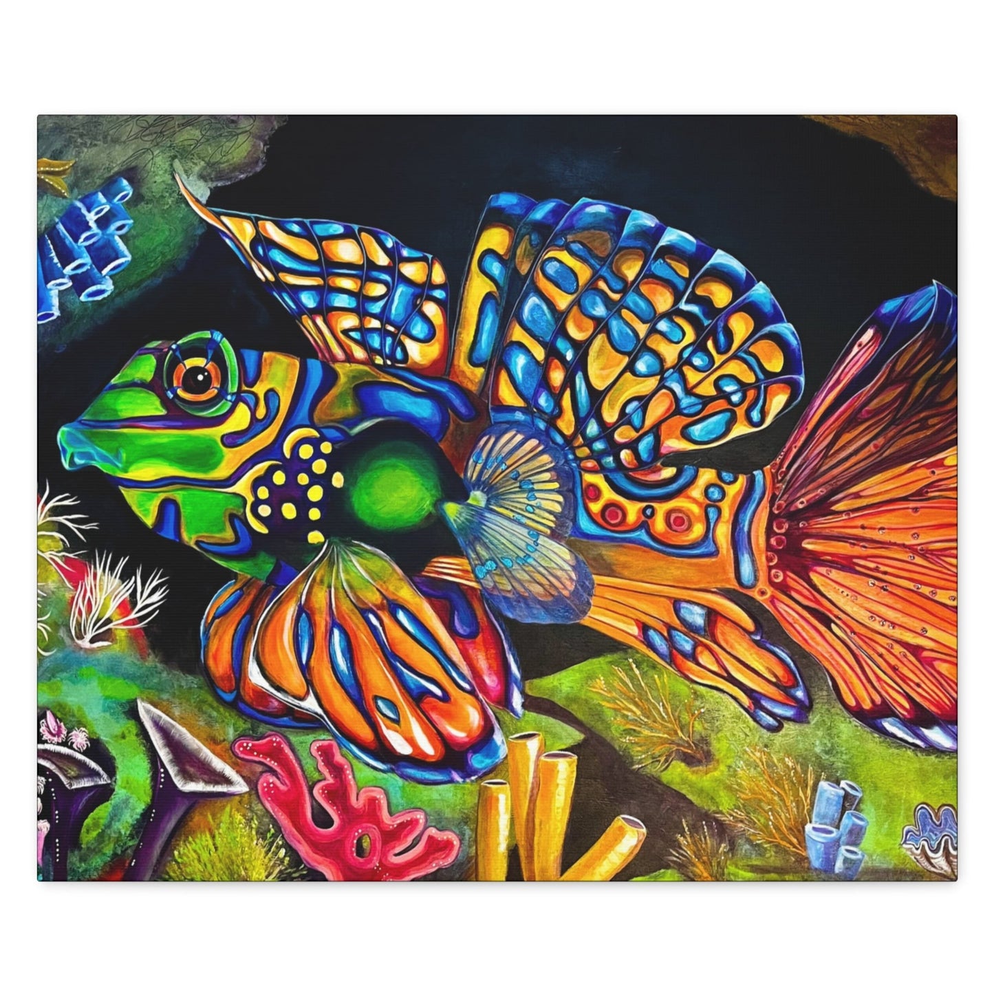 Canvas Wall Art - Portrait of Mandarin Goby Gallery Canvas - From Mama Mosaic Artworks - Comes Ready to Hang - Pacific Canvas Wall Art. Printed in high detail using vibrant colors. It has a closed back that comes with hanging hardware. Sides are printed in a solid color. It is reproduced from the original canvas painting, Portrait of Mandarin Goby, by Mama Mosaic Artworks. For those who love tropical fish, our amazing oceans, or just love this striking work of art.