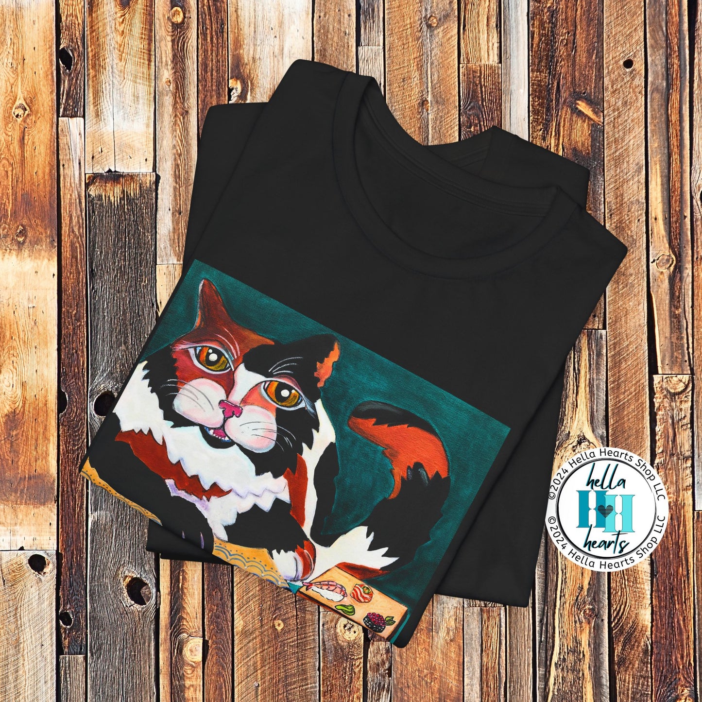 Calico Cat Sushi TShirt - Original Painted Art, Sushi Cat, from Mama Mosaic Artworks