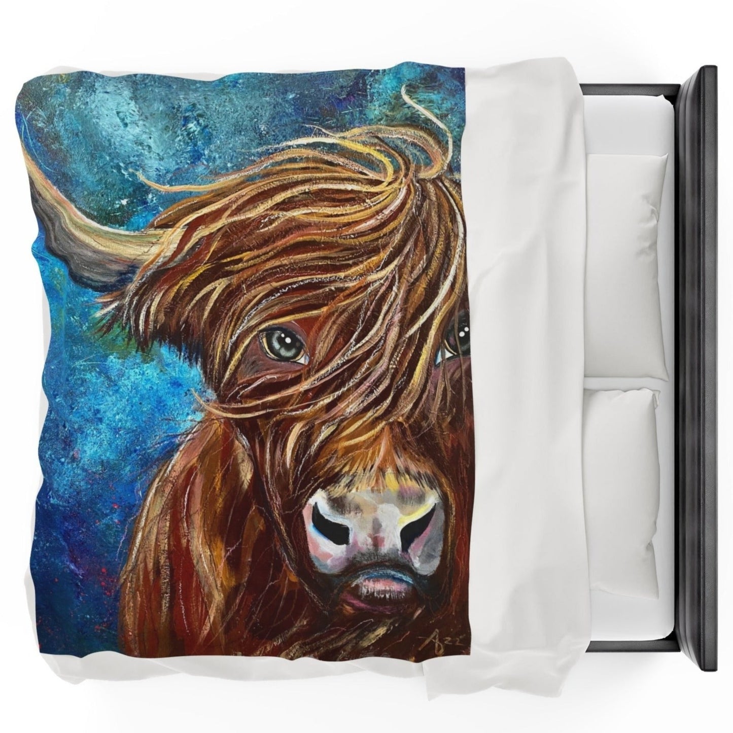 60x80 Velveteen Blanket with a reproduction of the painting Highland Bull by Mama Mosaic Artworks. Windswept bull's face with beautiful mottled blue and green background. Cottagecore Naturecore Farmhouse Country aesthetic.