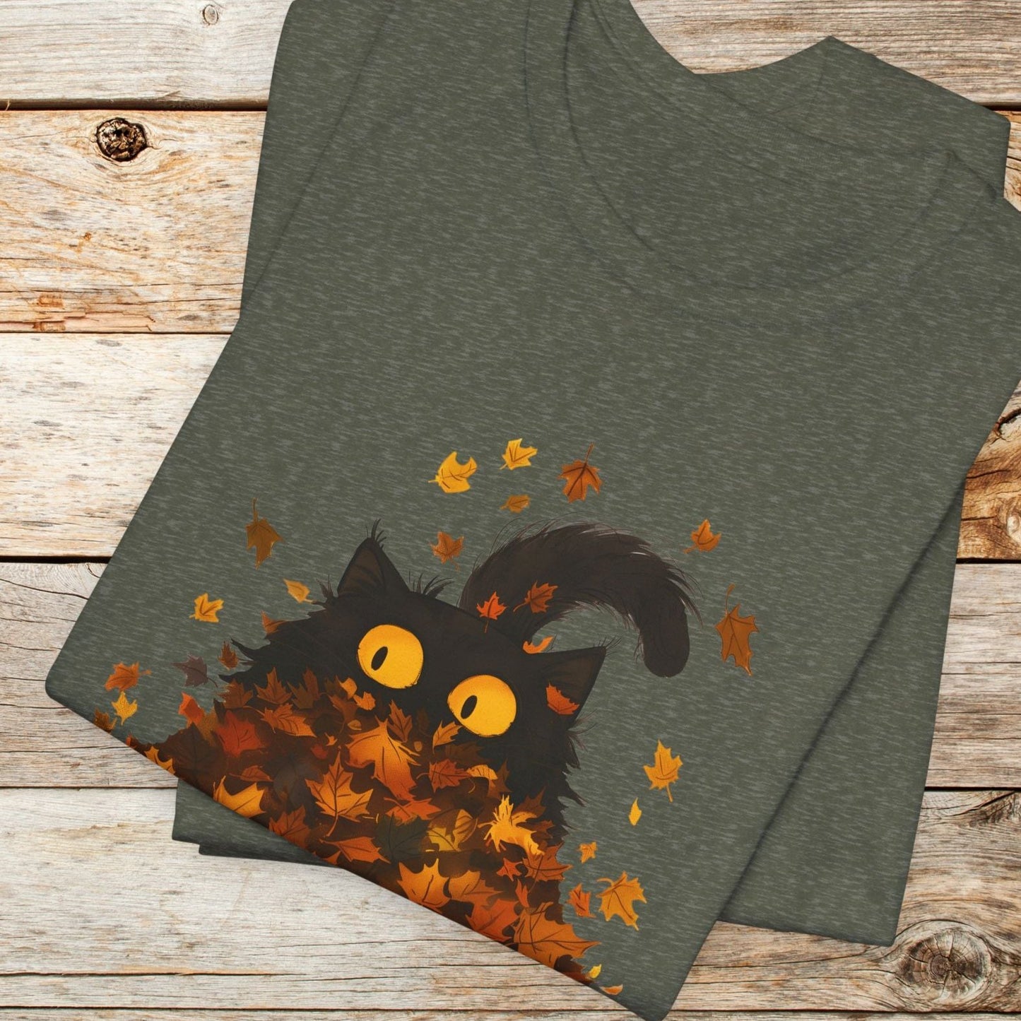 Black Cat TShirt - Black Cat Fall Leaves Unisex Crew