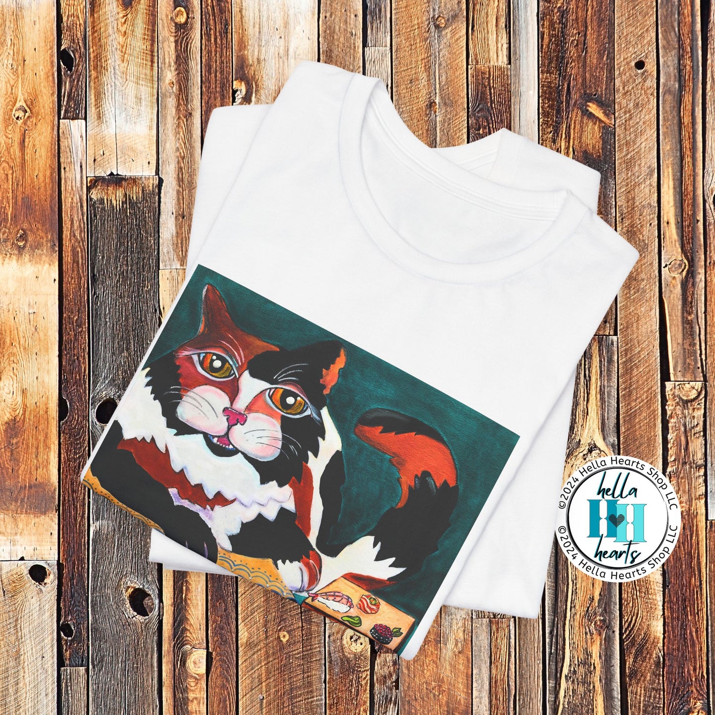 Calico Cat Sushi TShirt - Original Painted Art, Sushi Cat, from Mama Mosaic Artworks