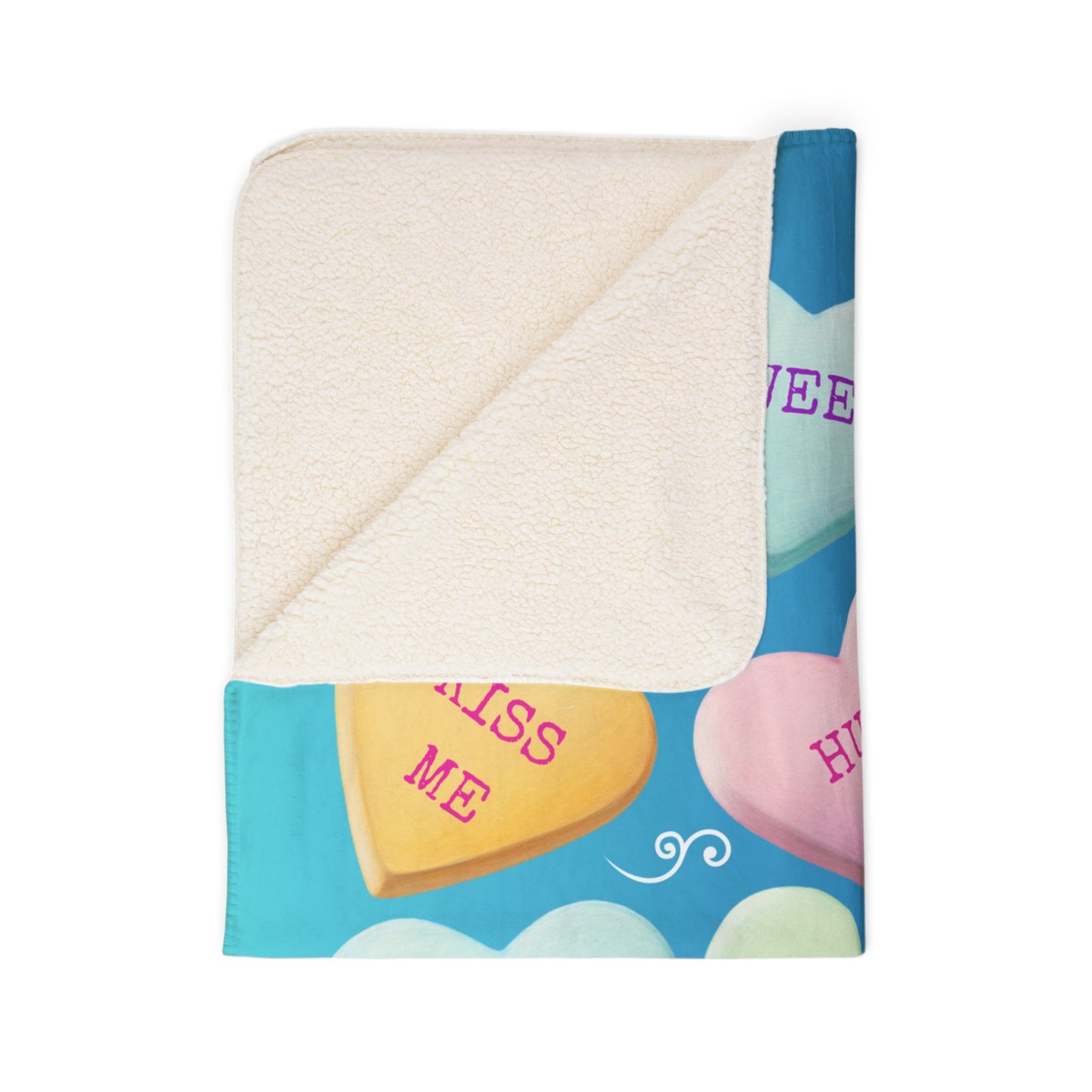 Candy Hearts Blanket - Blue Ombre Conversation Hearts Blanket - Sweethearts Valentine Girlfriend Gift - Fleece Sherpa Blanket - 2 Sizes