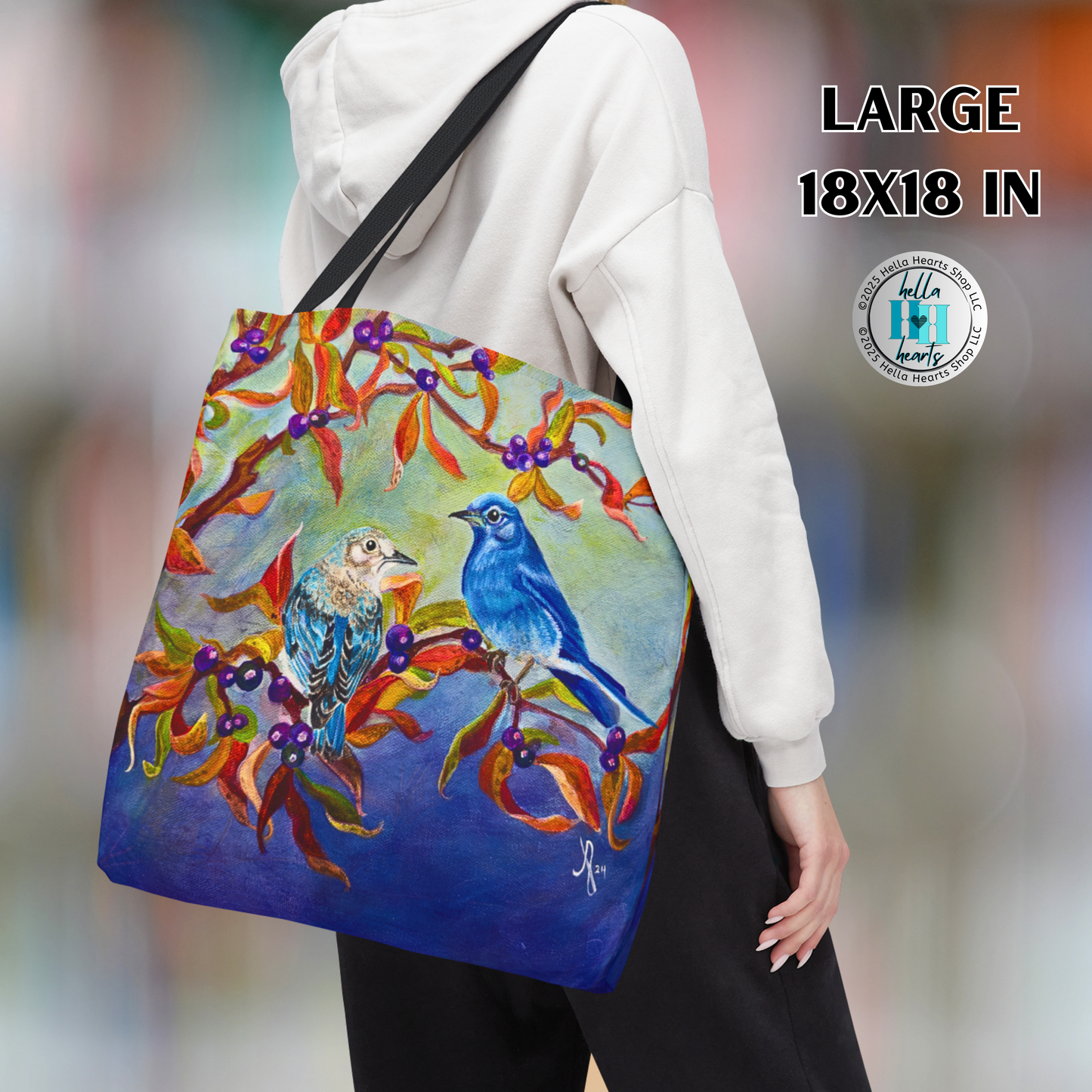 Bluebirds Tote Bag - Original Art, Bluebirds and Huckleberries from Mama Mosaic Artworks