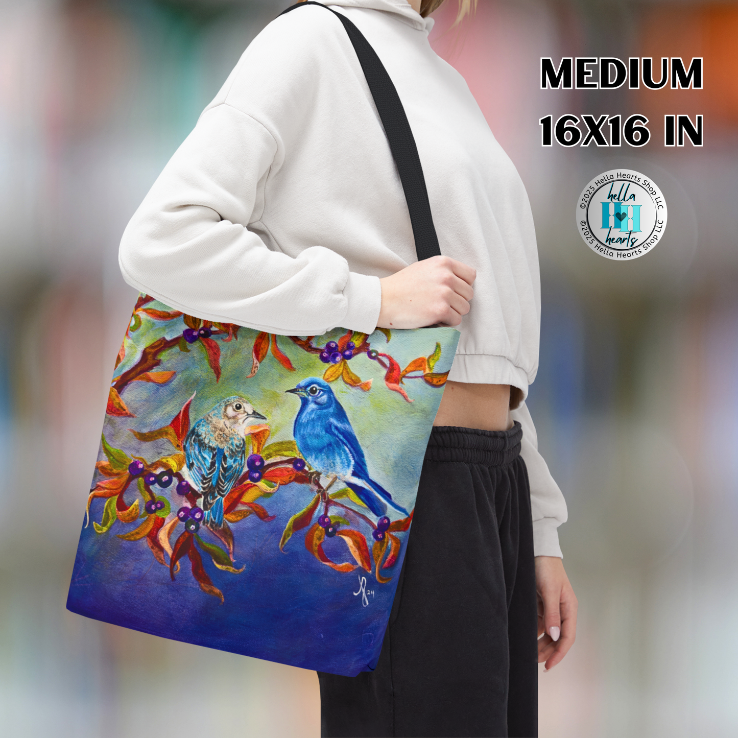 Bluebirds Tote Bag - Original Art, Bluebirds and Huckleberries from Mama Mosaic Artworks