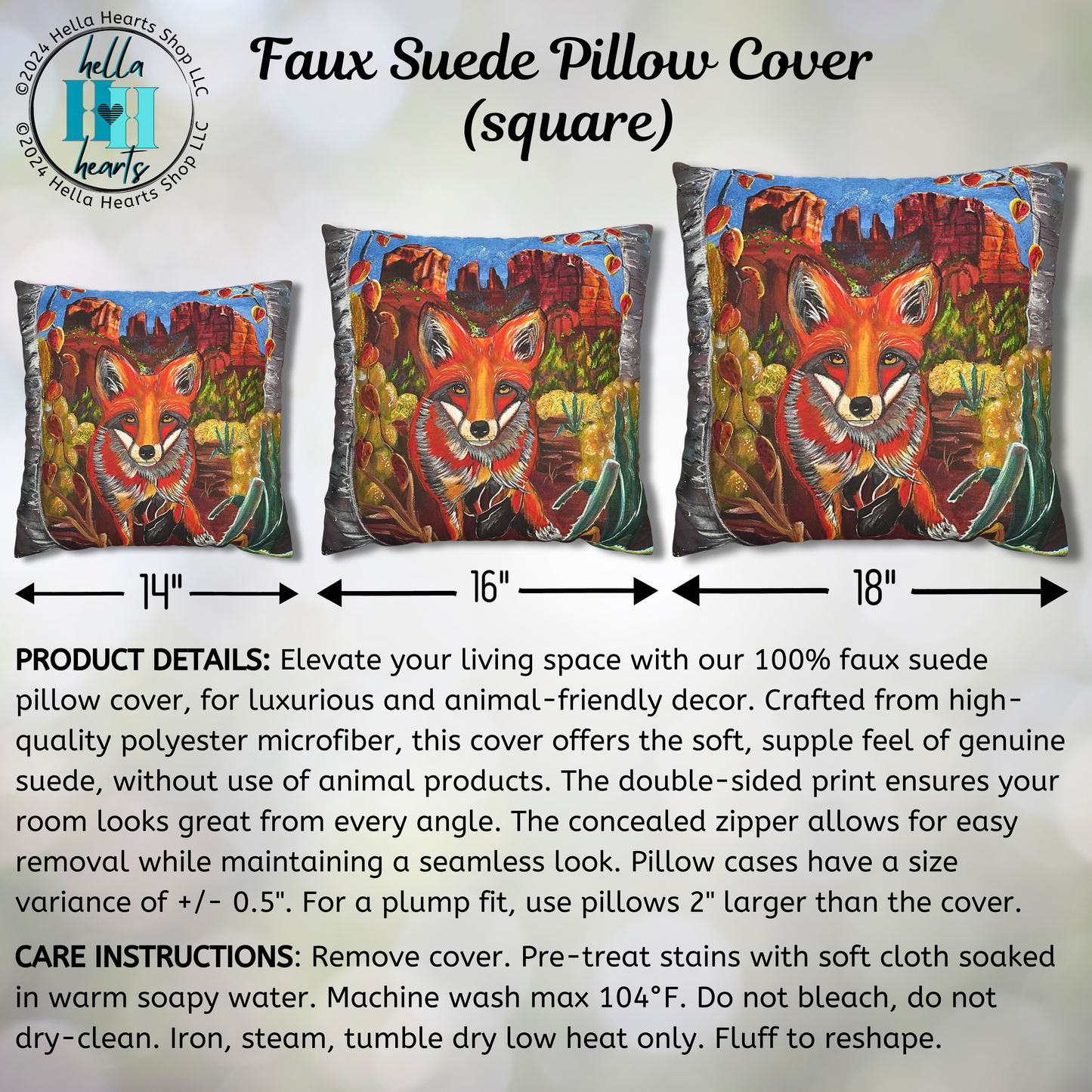 Sedona Fox Throw Pillow Cover - Faux Suede - 3 Sizes - Fox at Cathedral Rock from Mama Mosaic Artworks