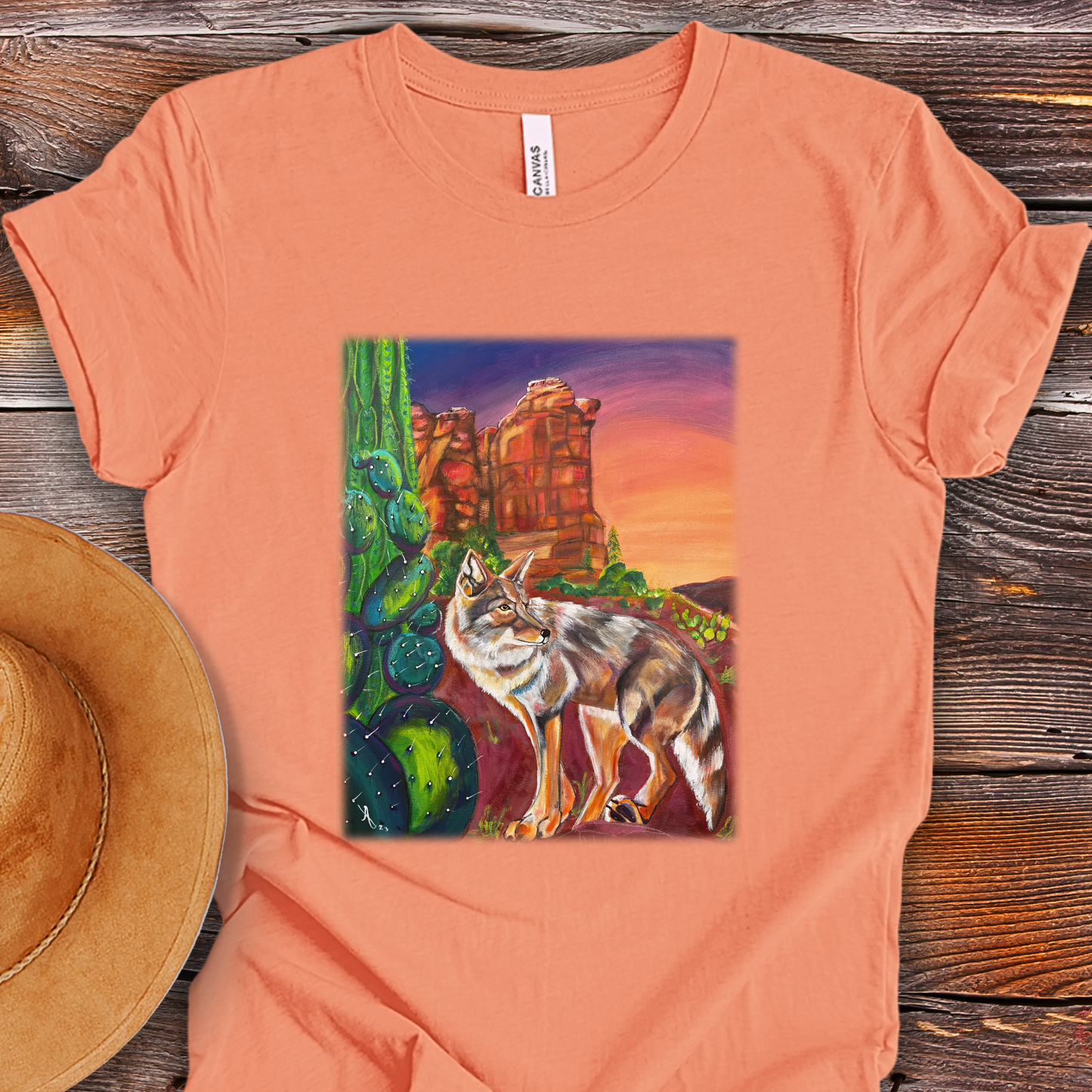 Sedona Coyote Unisex TShirt - Coyote at Coffee Pot Rock from Mama Mosaic Artworks