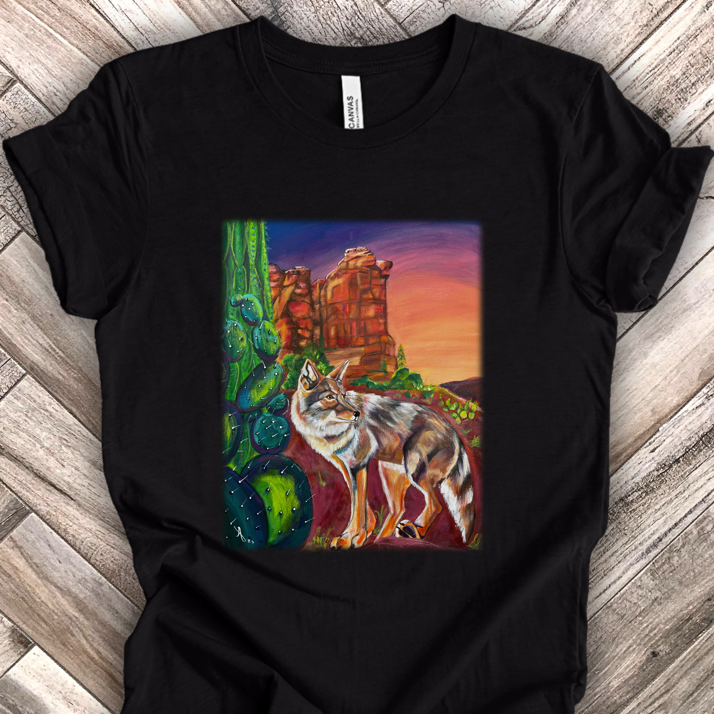 Sedona Coyote Unisex TShirt - Coyote at Coffee Pot Rock from Mama Mosaic Artworks