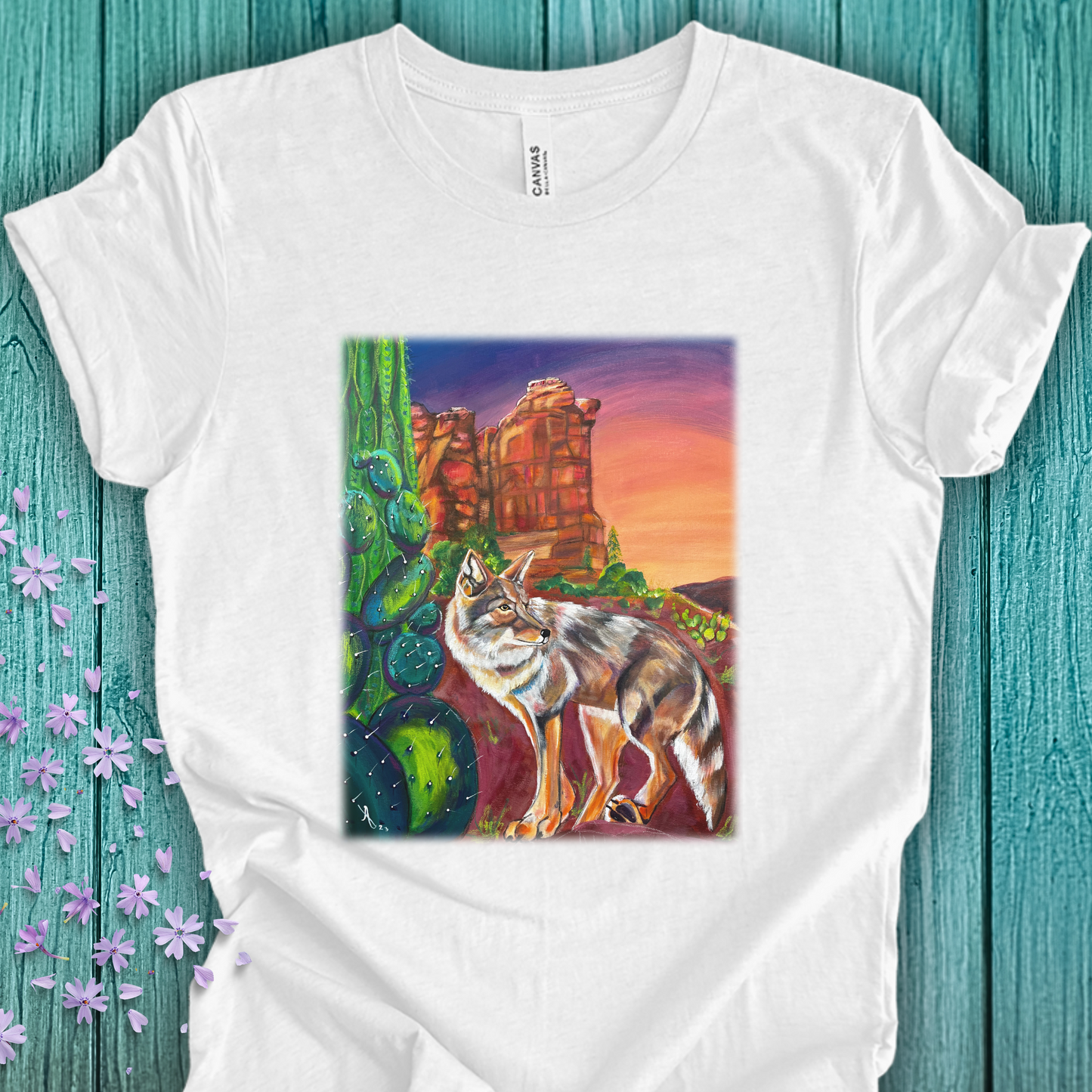 Sedona Coyote Unisex TShirt - Coyote at Coffee Pot Rock from Mama Mosaic Artworks