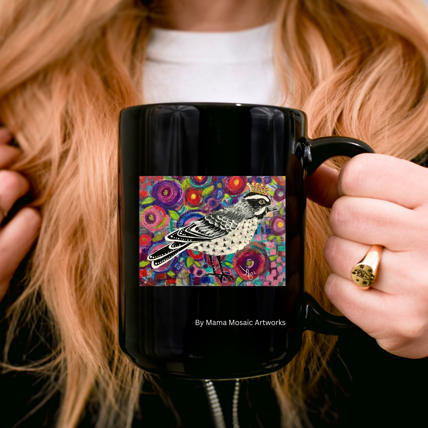 Crowned Sparrow from Mama Mosaic Artworks - 15 oz Black Glossy Ceramic Mug