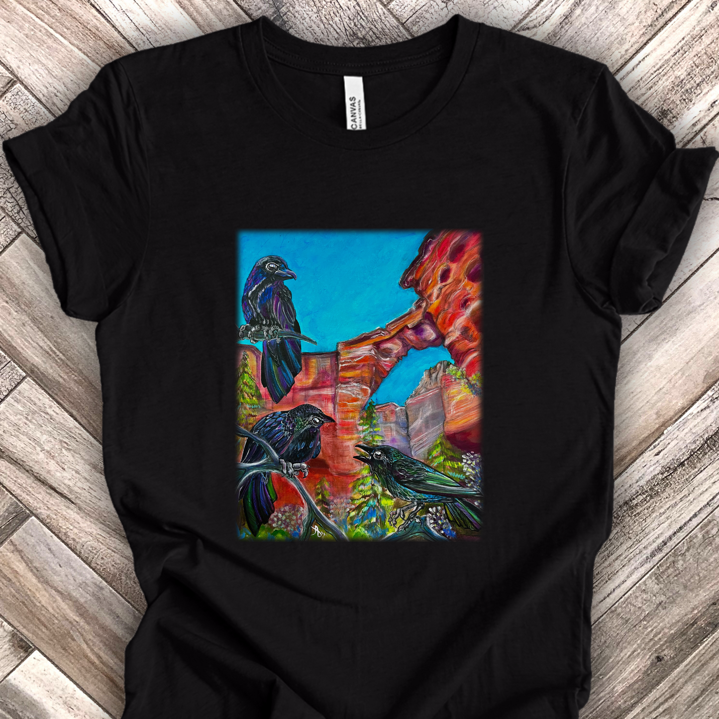 Sedona Devil's Bridge Unisex TShirt - Three Crows at Devil's Bridge from Mama Mosaic Artworks