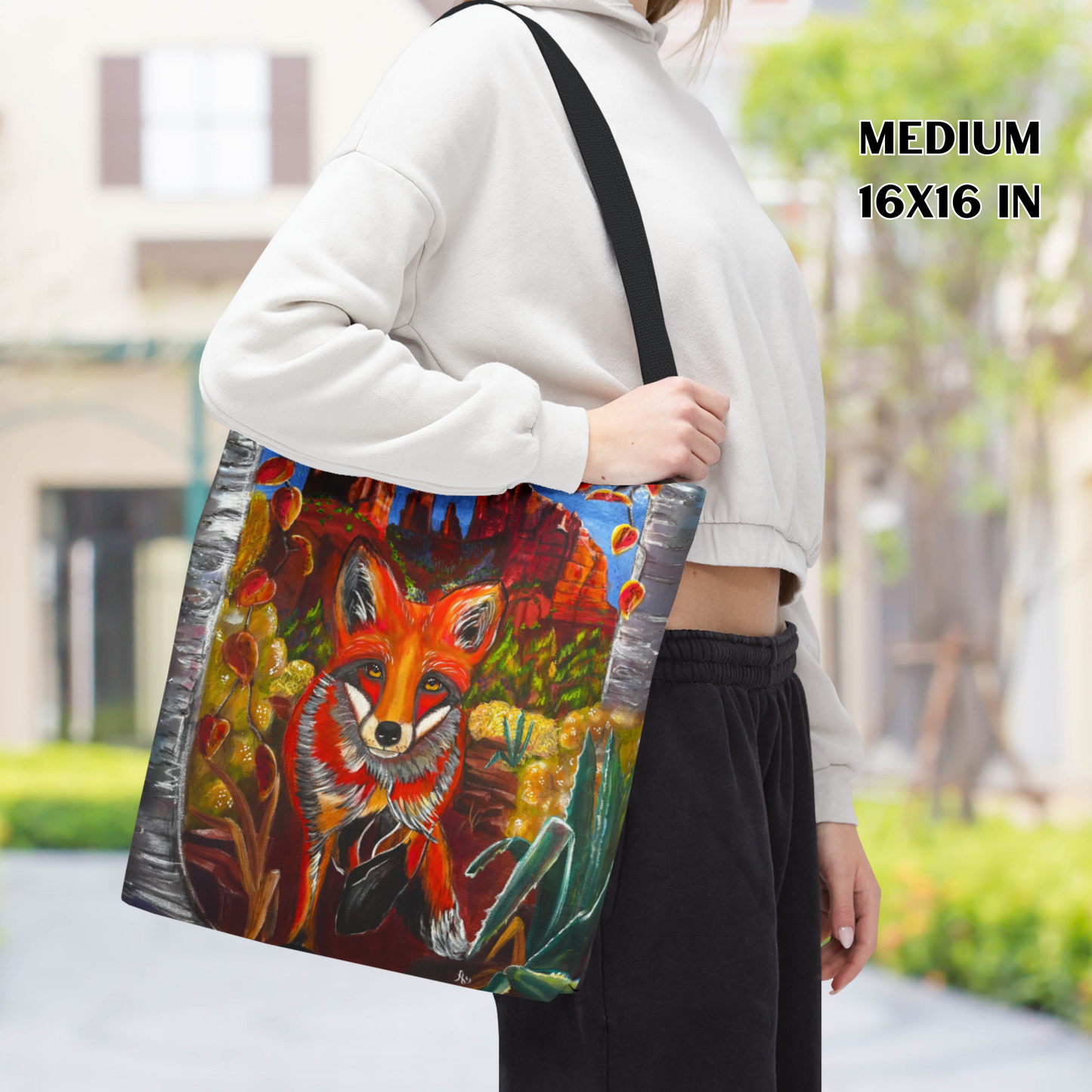 Sedona Fox Tote Bag - Original Art, Fox at Cathedral Rock from Mama Mosaic Artworks - 3 Sizes