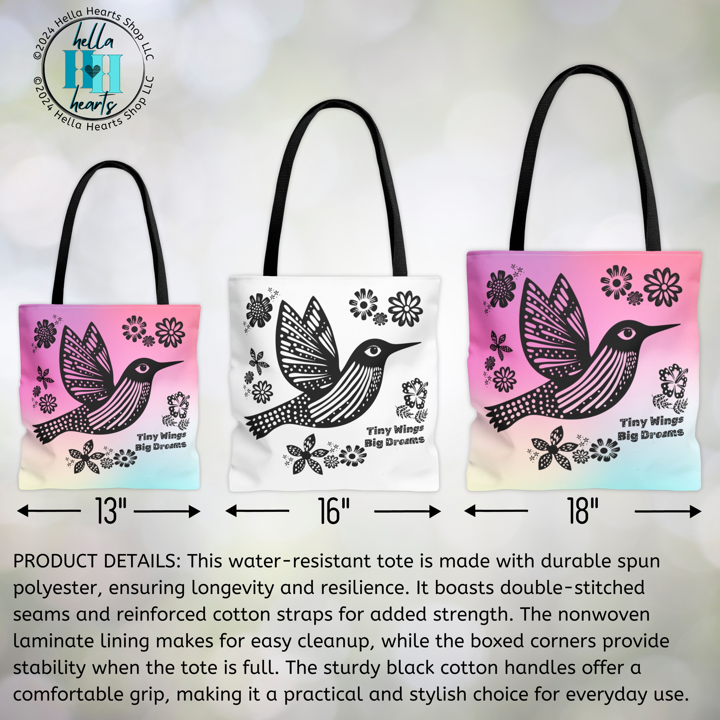 Hummingbird Tote Bag - Tiny Wings Big Dreams Book Bag - Water Resistant Tote - 3 Sizes