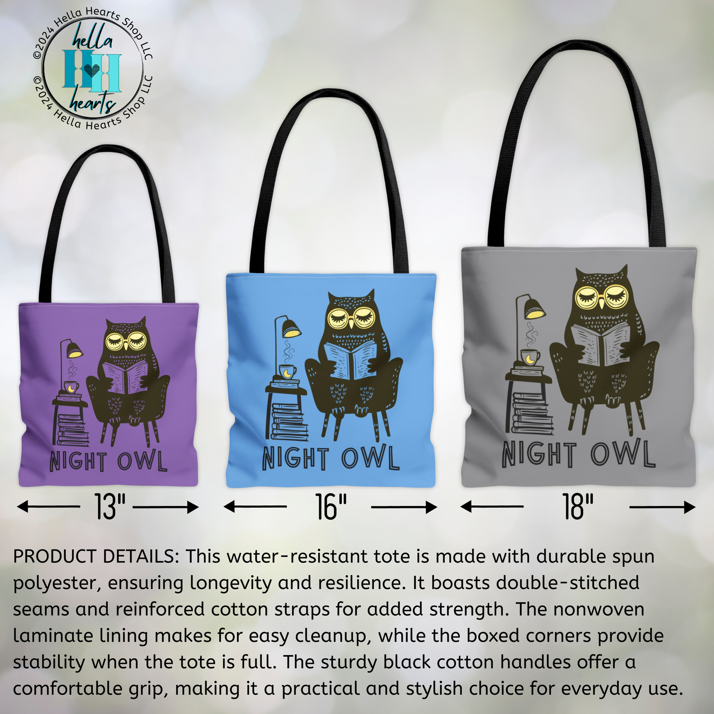 Night Owl Tote Bag - Water Resistant Tote - 3 Sizes