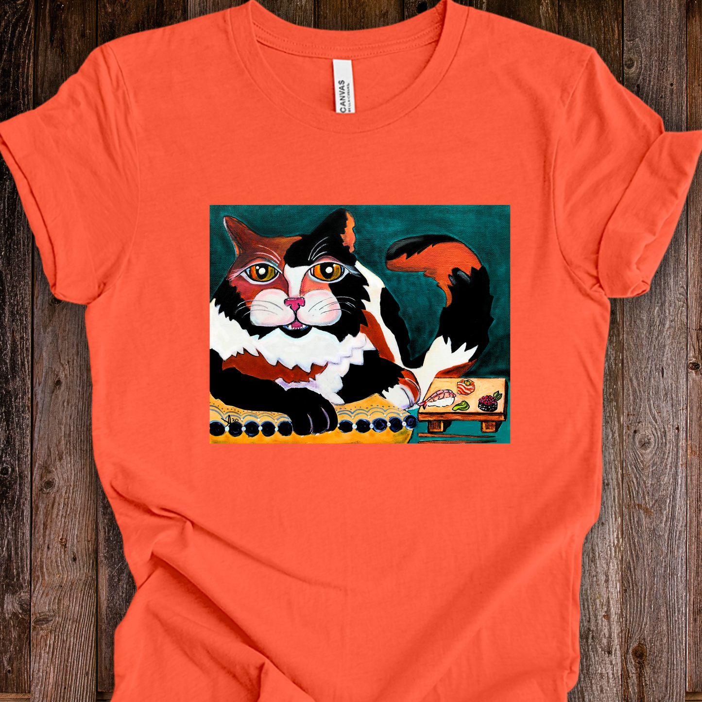 Calico Cat Sushi TShirt - Original Painted Art, Sushi Cat, from Mama Mosaic Artworks