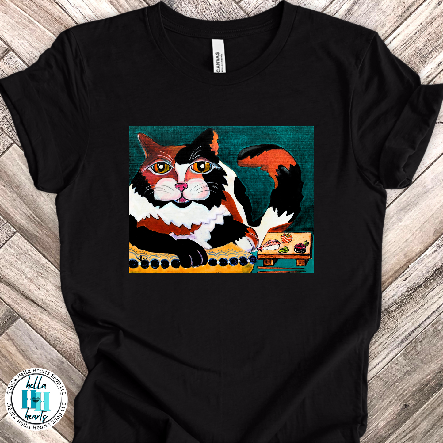 Calico Cat Sushi TShirt - Original Painted Art, Sushi Cat, from Mama Mosaic Artworks