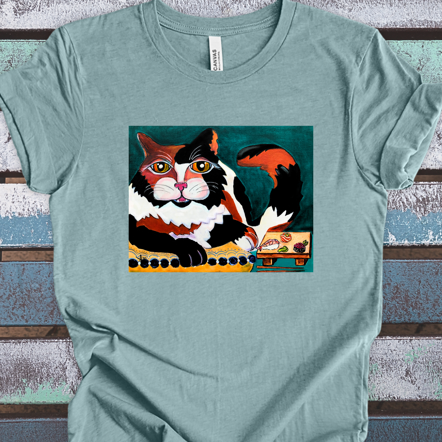 Calico Cat Sushi TShirt - Original Painted Art, Sushi Cat, from Mama Mosaic Artworks