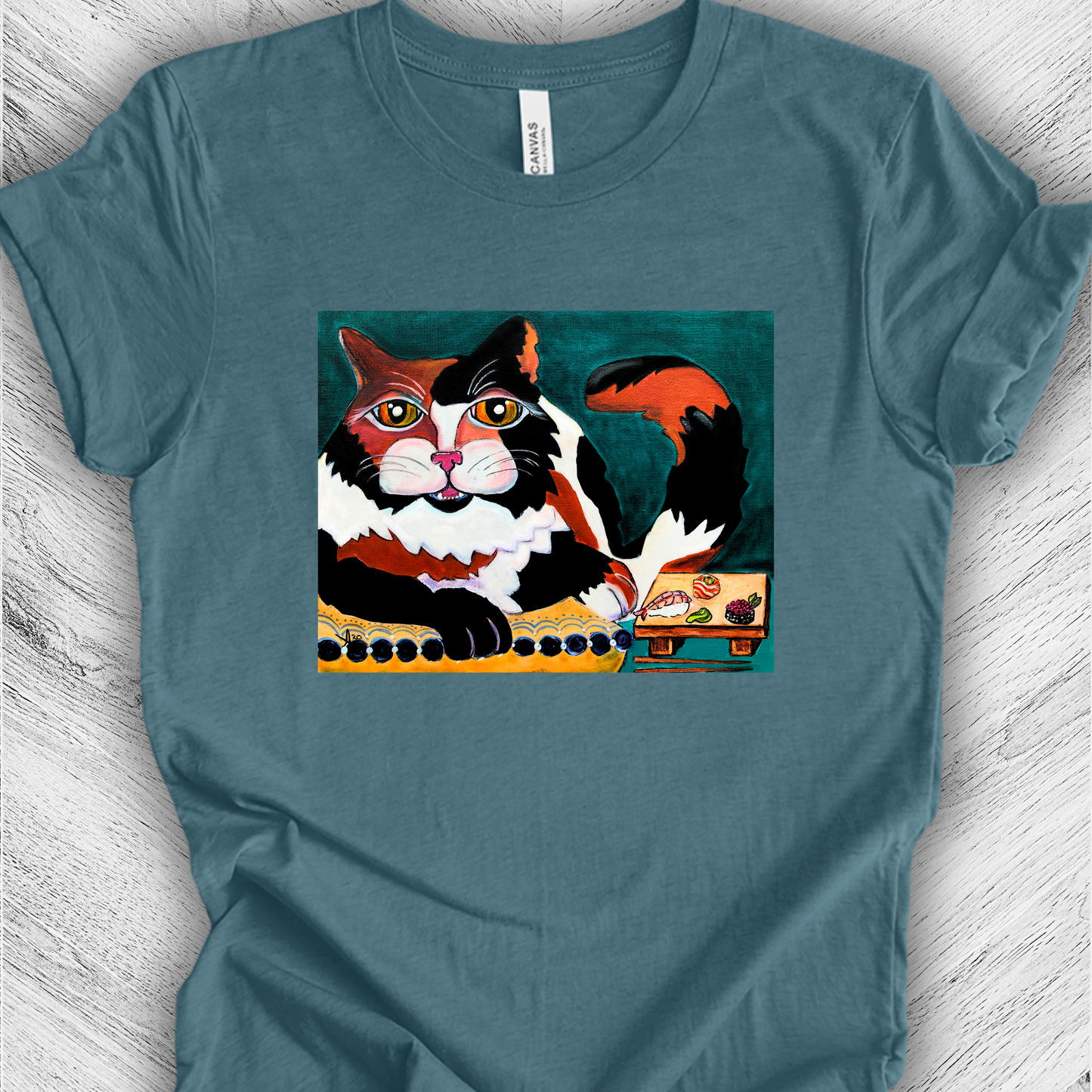 Calico Cat Sushi TShirt - Original Painted Art, Sushi Cat, from Mama Mosaic Artworks