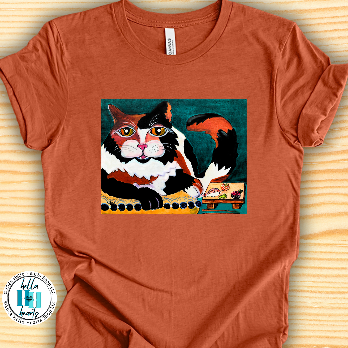 Calico Cat Sushi TShirt - Original Painted Art, Sushi Cat, from Mama Mosaic Artworks