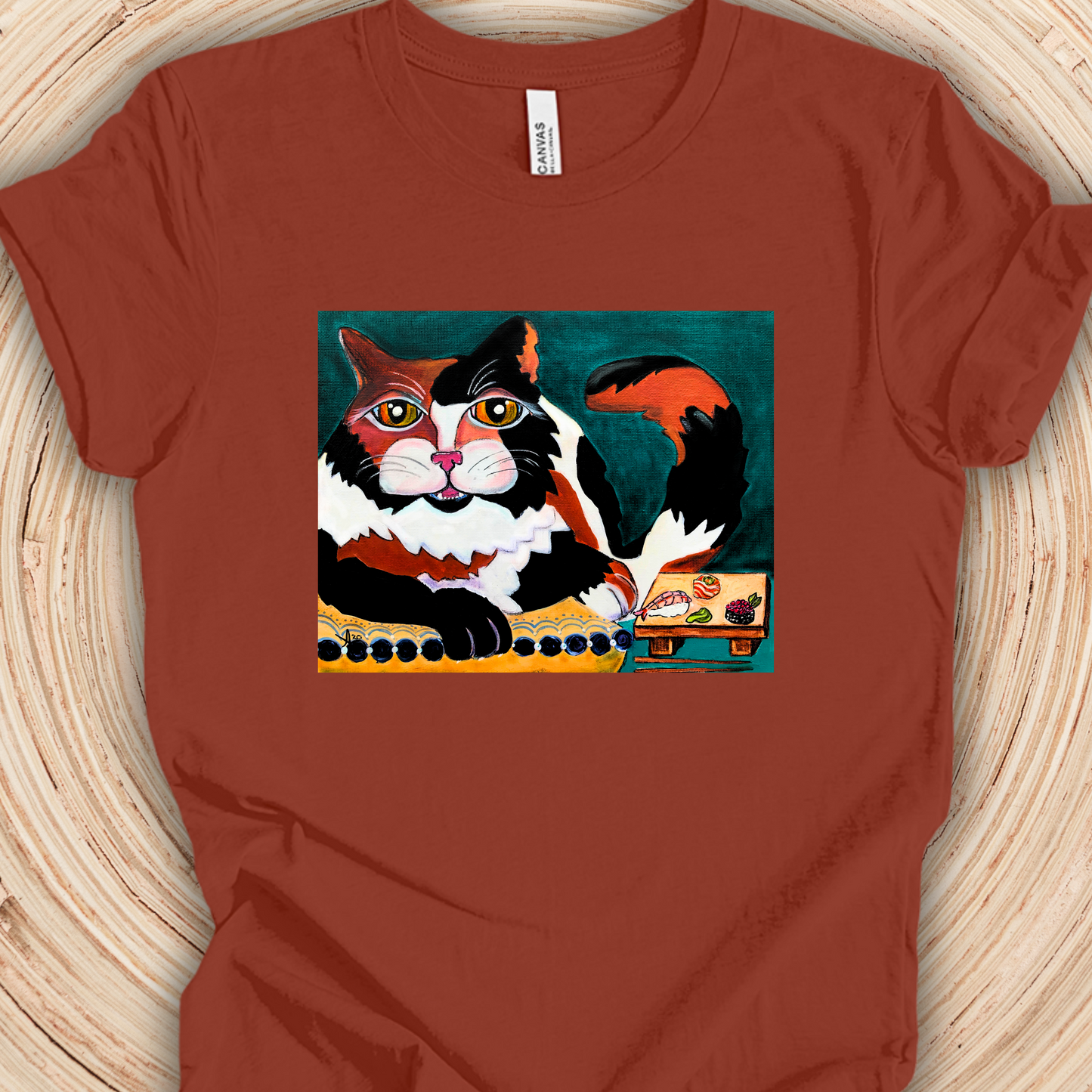 Calico Cat Sushi TShirt - Original Painted Art, Sushi Cat, from Mama Mosaic Artworks