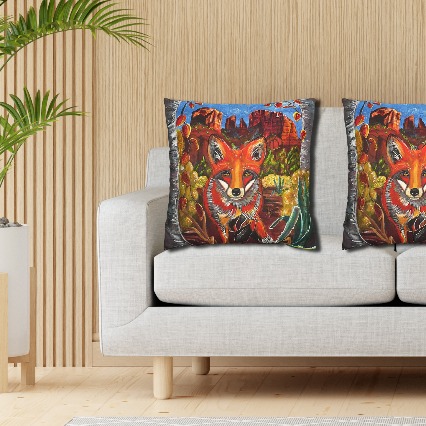 Sedona Fox Throw Pillow Cover - Faux Suede - 3 Sizes - Fox at Cathedral Rock from Mama Mosaic Artworks