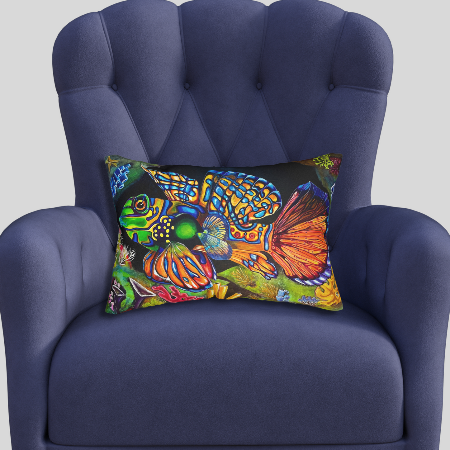 Tropical Fish Lumbar Pillow and Cover - 20x14" - Portrait of Mandarin Goby from Mama Mosaic Artworks