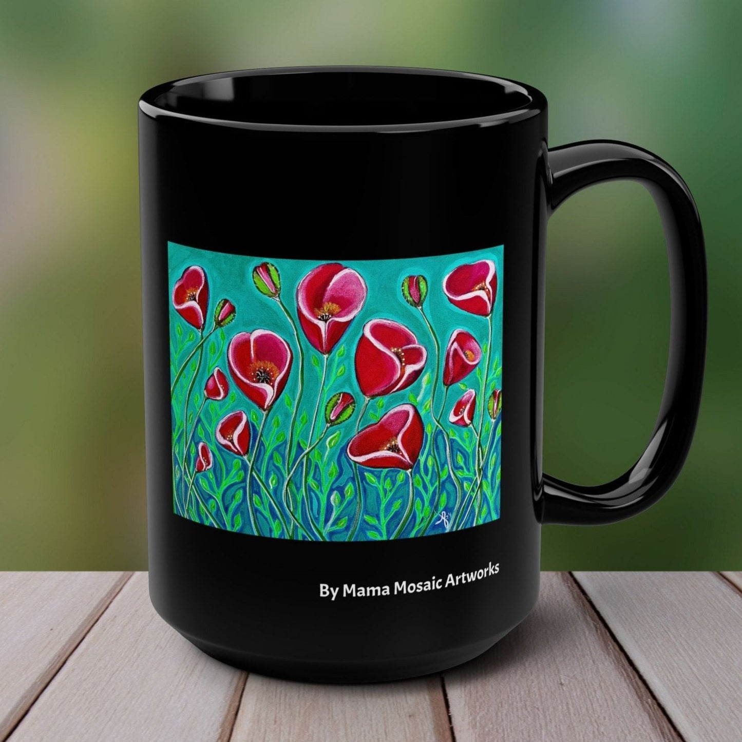 Poppies from Mama Mosaic Artworks - 15 oz Black Glossy Ceramic Mug