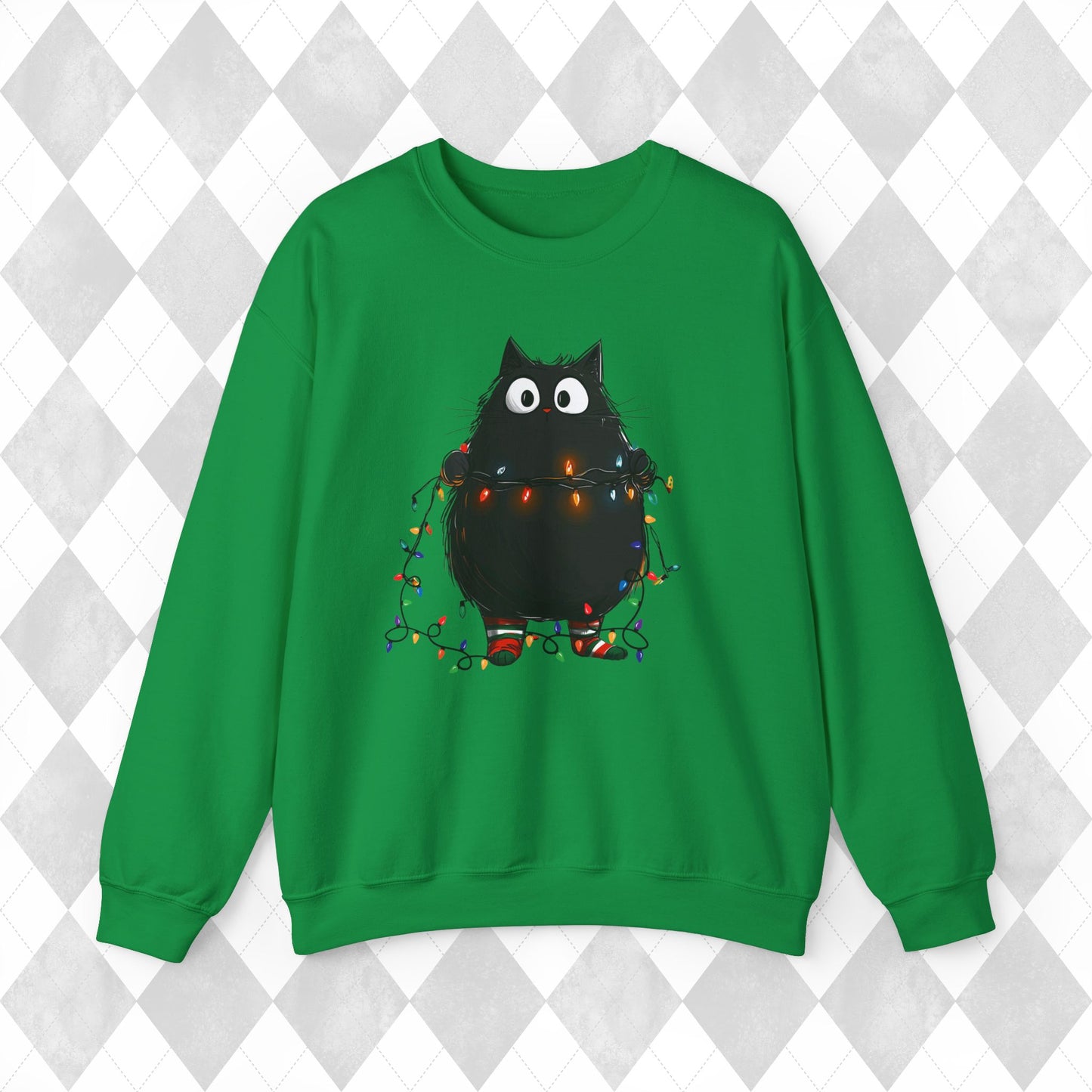 Christmas Cat Sweatshirt - Christmas Lights Kitty Sweater - Cat Mom Gift - Matching Pajamas - Funny Xmas Women's Ladies PJ Top - Unisex Crew