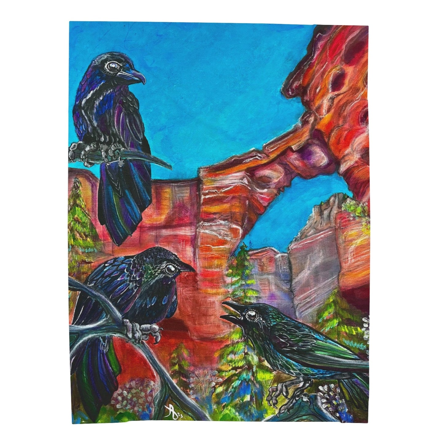 60x80 Velveteen blanket with a reproduction of the painting Three Crows at Devil's Bridge by Mama Mosaic Artworks. View of three black crows perched on a tree and having a conversation in the foreground and Sedona, Arizona's Devil's Bridge in the background in beautiful purples, reds and oranges. Southwest Desert aesthetic. 