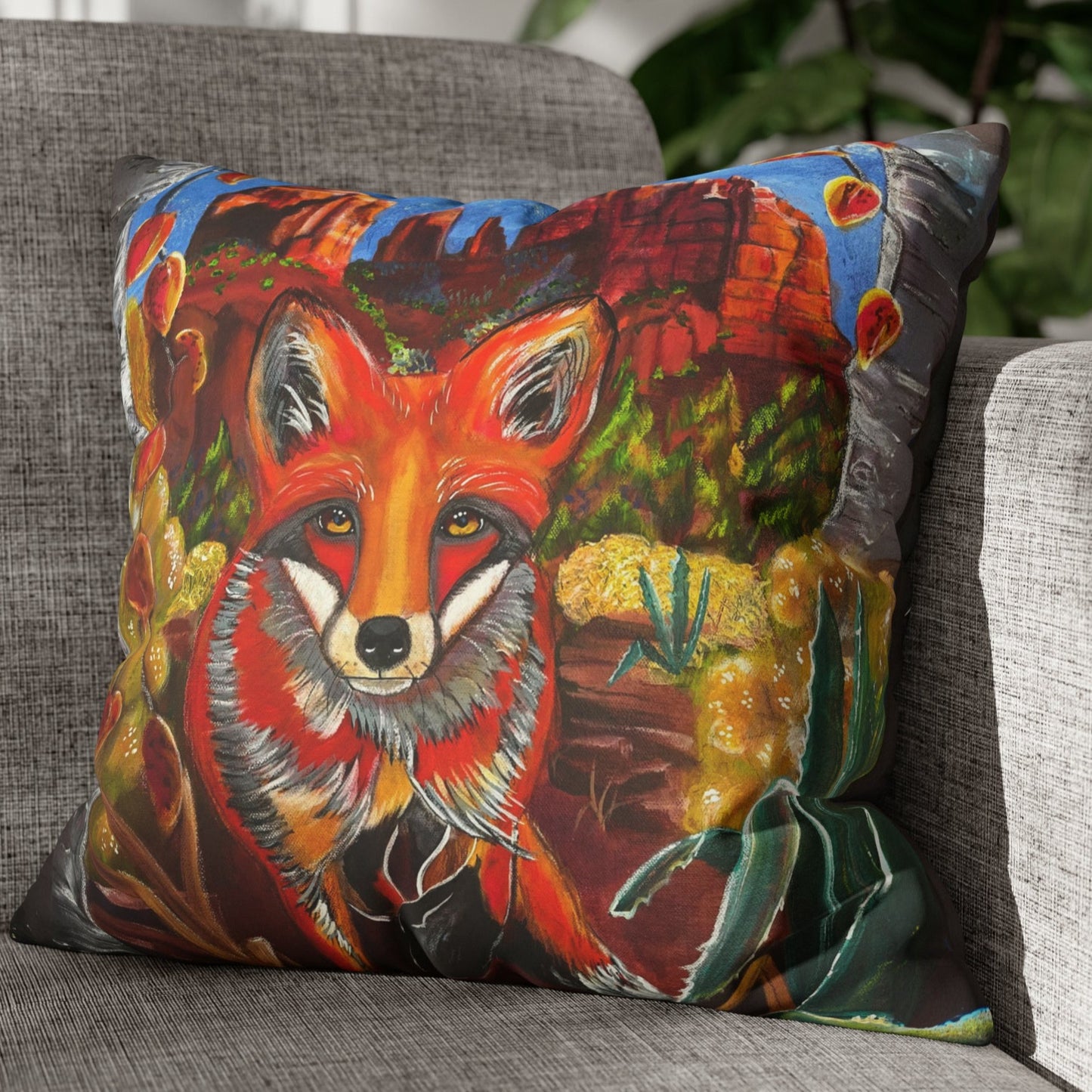 Sedona Fox Throw Pillow Cover - Faux Suede - 2 Sizes - Fox at Cathedral Rock from Mama Mosaic Artworks