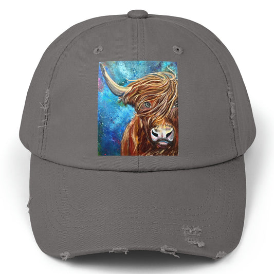 Highland Cow Distressed Hat - Adjustable - Highland Bull I Won't Back Down from Mama Mosaic Artworks