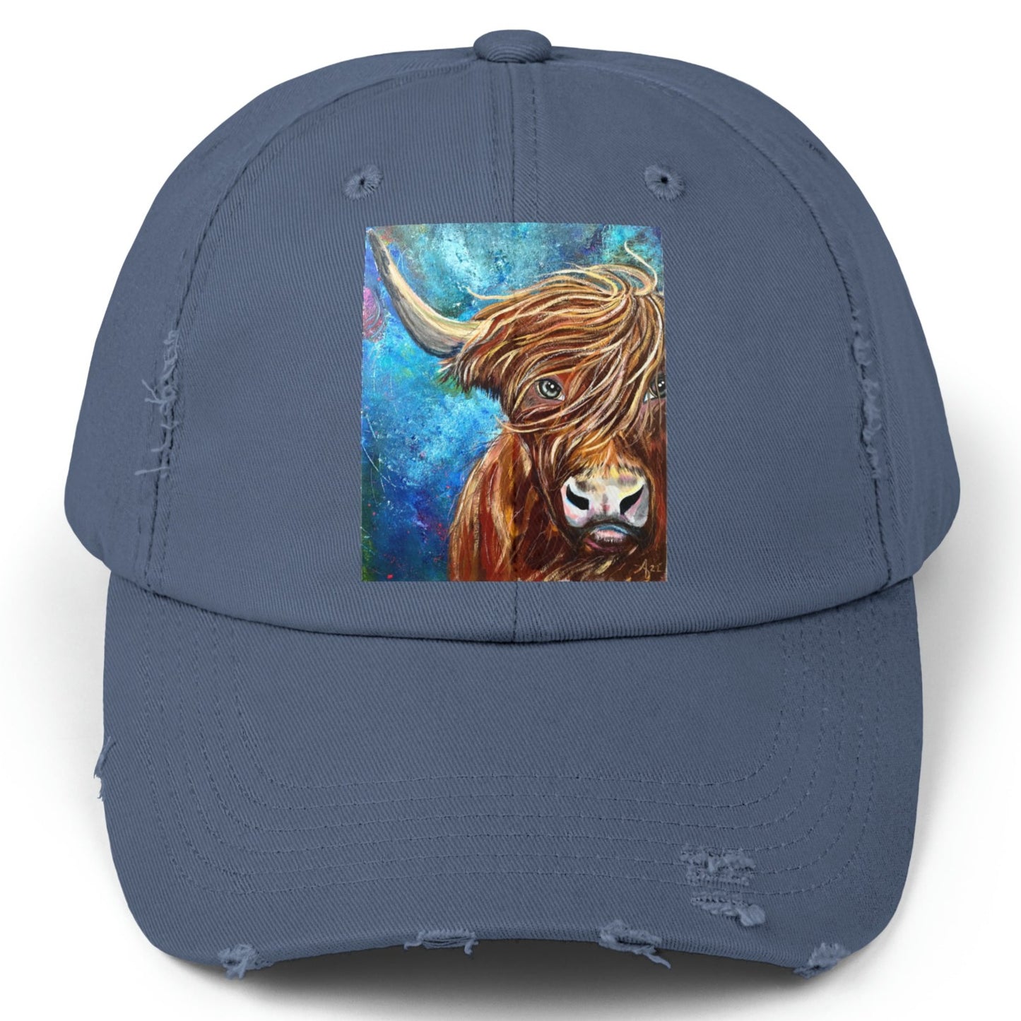 Highland Cow Distressed Hat - Adjustable - Highland Bull I Won't Back Down from Mama Mosaic Artworks