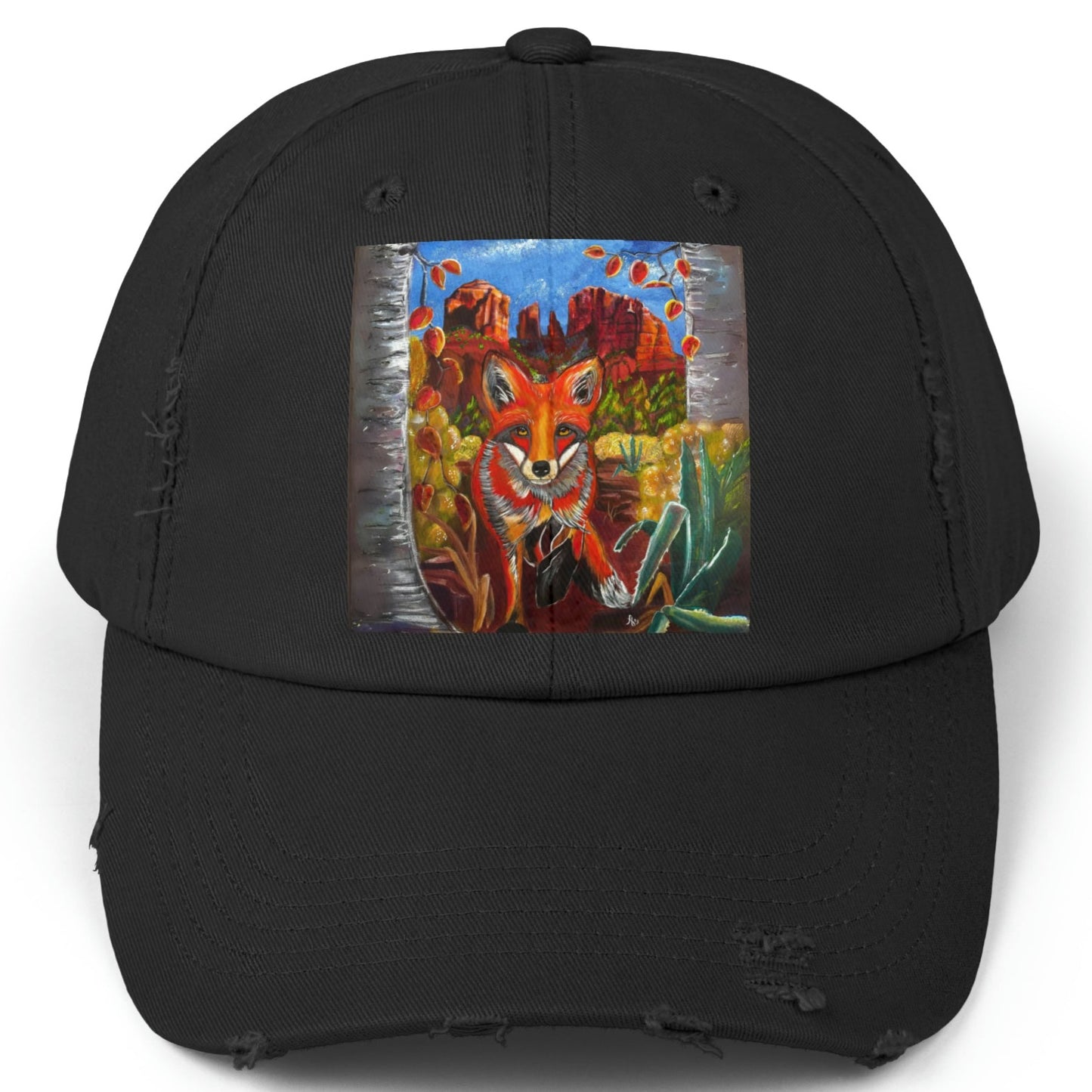 Sedona Fox Distressed Hat - Adjustable - Fox at Cathedral Rock from Mama Mosaic Artworks