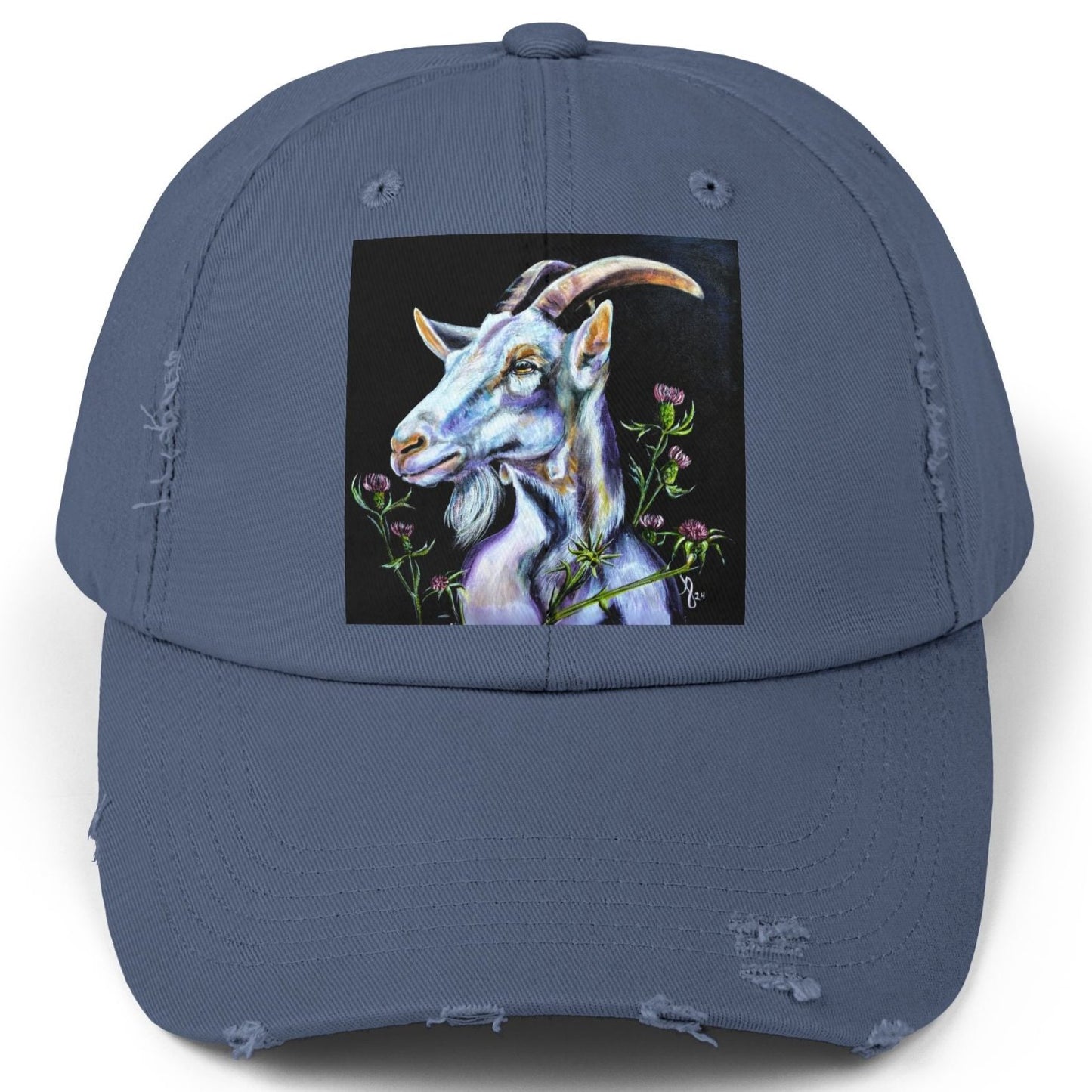 Goat Distressed Hat - Adjustable - Goat in Thistles from Mama Mosaic Artworks