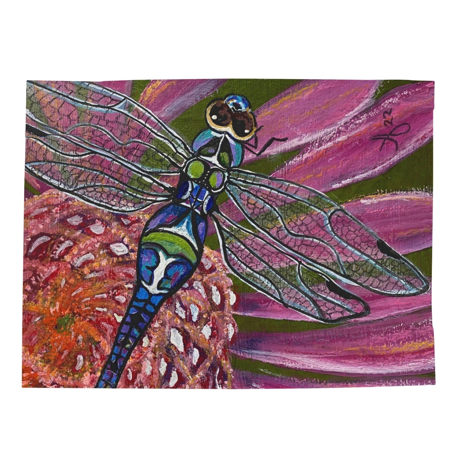 30x40 Blanket - Dragonfly Velveteen Plush Throw - Garden Jewel from Mama Mosaic Artworks. Velveteen blanket with a reproduction of the painting Garden Jewel by Mama Mosaic Artworks. Up close view of a dragonfly or damselfly in blue and green on a purple and orange flower. Cottagecore Naturecore Farmhouse Country aesthetic.