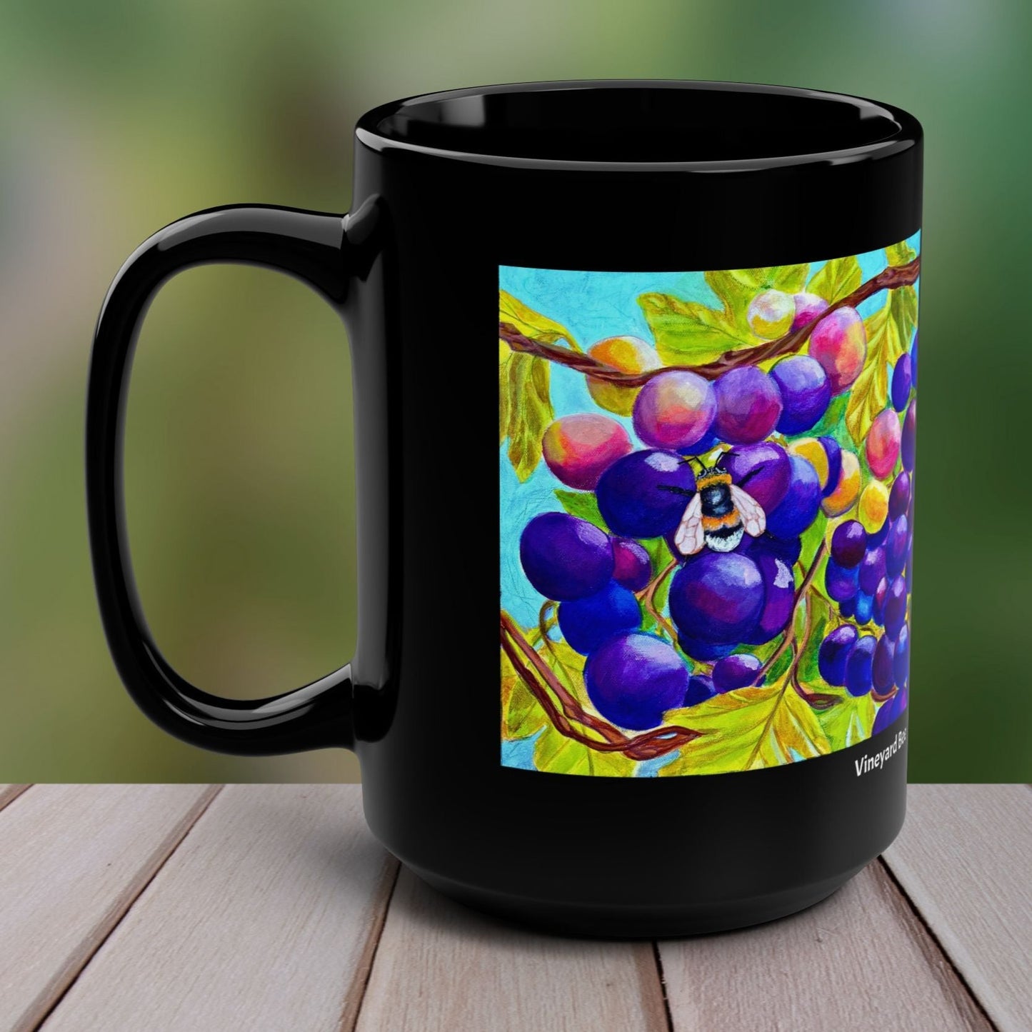 Bee Grapes Mug - Vineyard Bee from Mama Mosaic Artworks - 15 oz Black Glossy Ceramic Mug