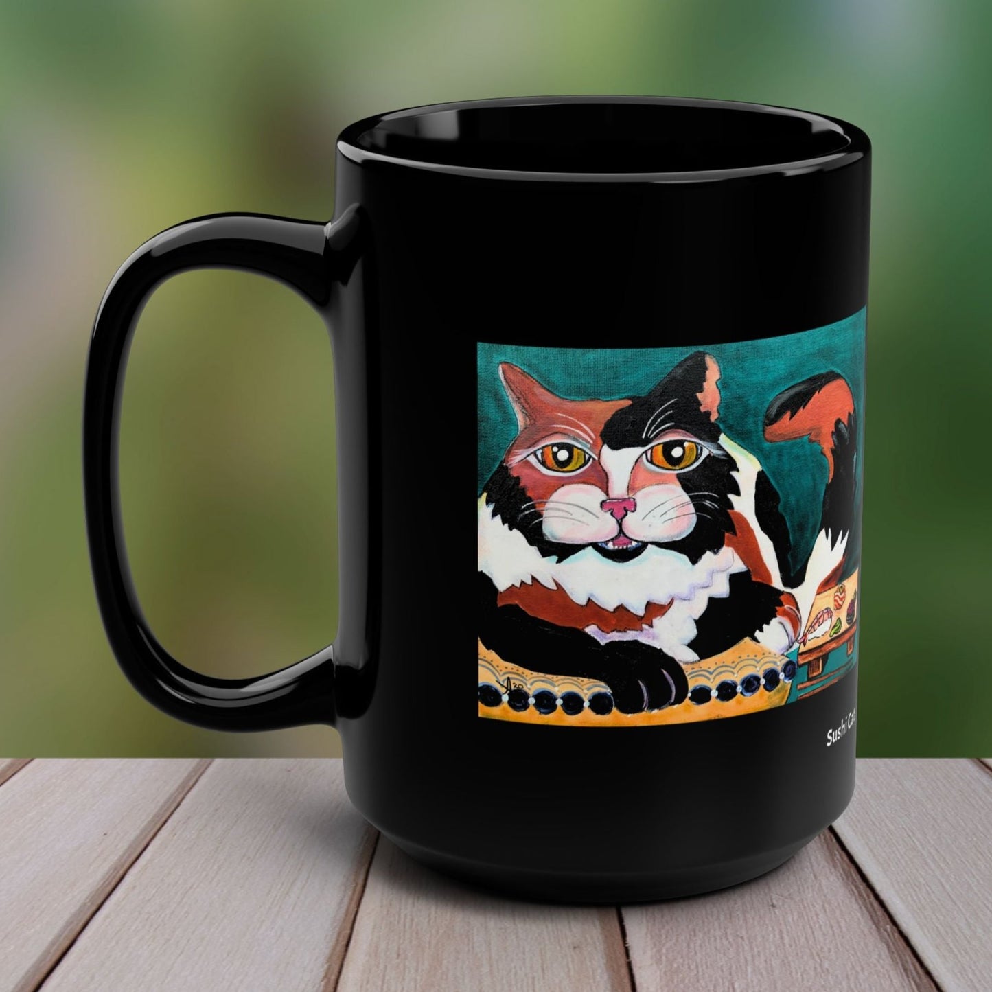 Sushi Cat from Mama Mosaic Artworks - 15 oz Black Glossy Ceramic Mug