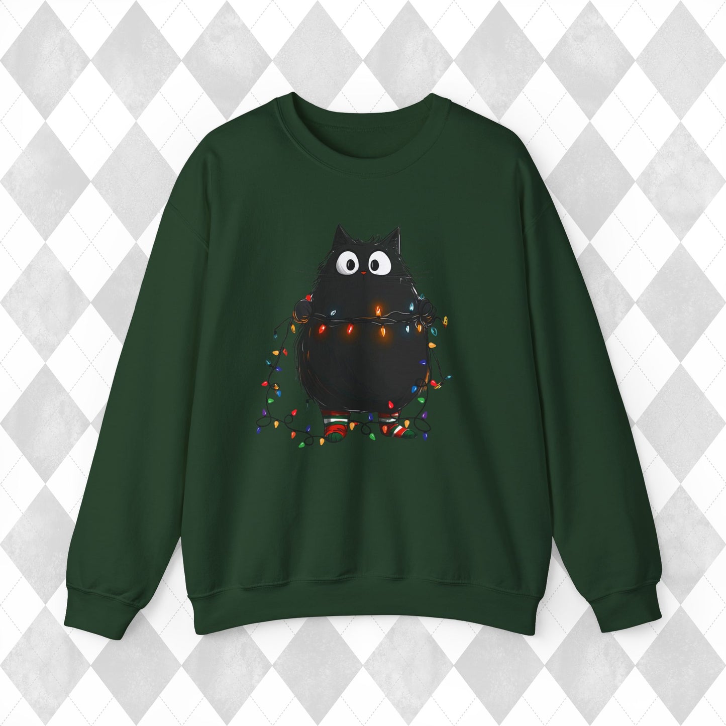 Christmas Cat Sweatshirt - Christmas Lights Kitty Sweater - Cat Mom Gift - Matching Pajamas - Funny Xmas Women's Ladies PJ Top - Unisex Crew