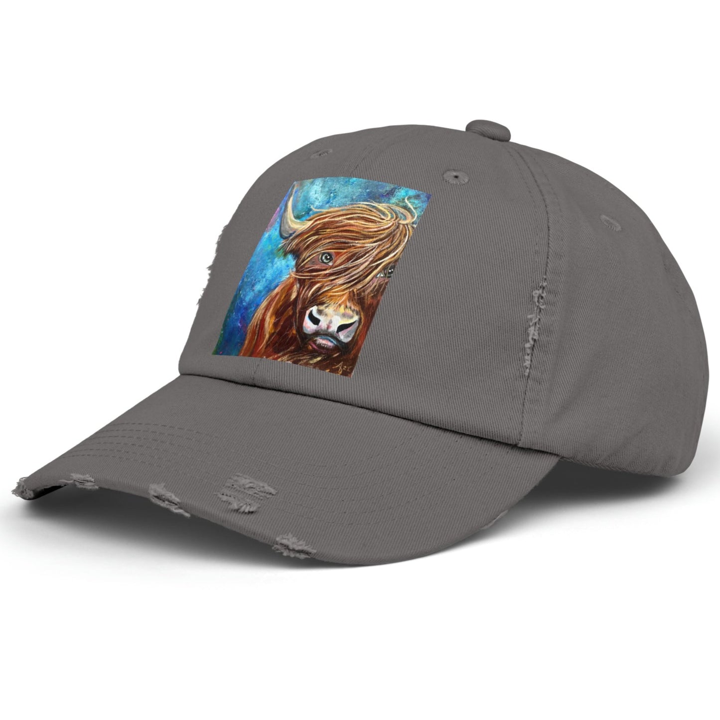 Highland Cow Distressed Hat - Adjustable - Highland Bull I Won't Back Down from Mama Mosaic Artworks